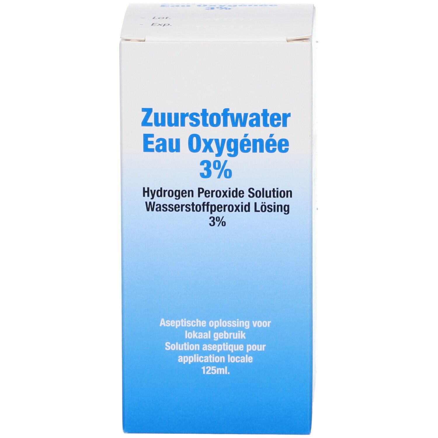 Emballage. Inscription: Zuurstofwater Eau Oxygénée 3%. Contient une solution de peroxyde d'hydrogène.