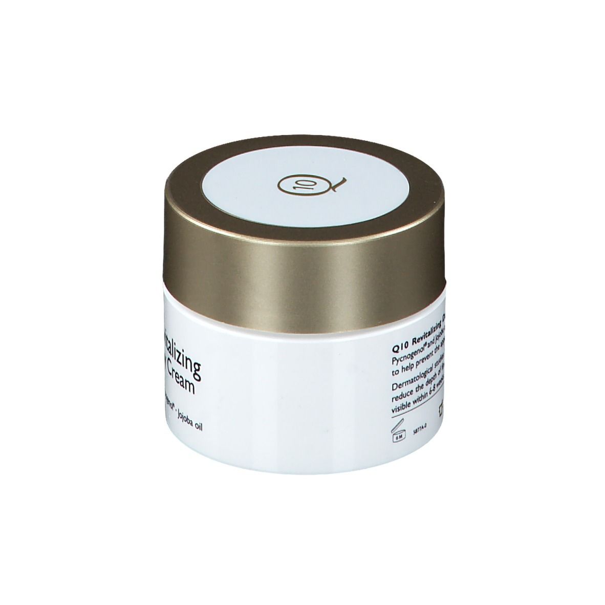 Pot de crème avec couvercle doré et contenant blanc. Inscription: Q10 Revitalizing Day Cream.