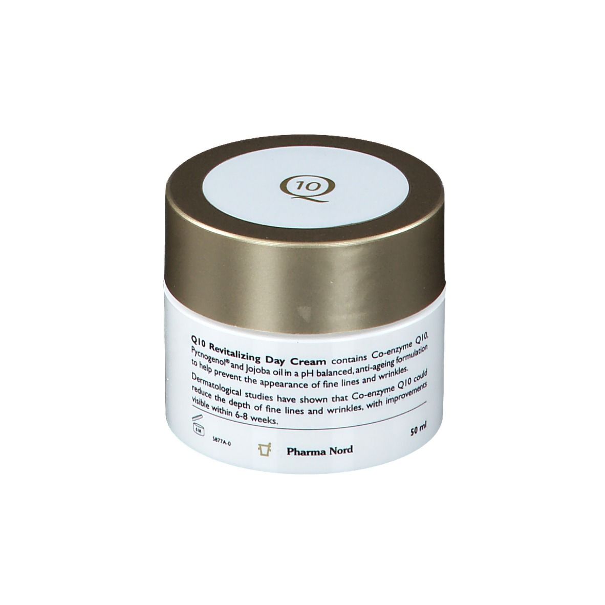 Pot de crème avec couvercle doré et contenant blanc. Inscription: Q10 Revitalizing Day Cream.