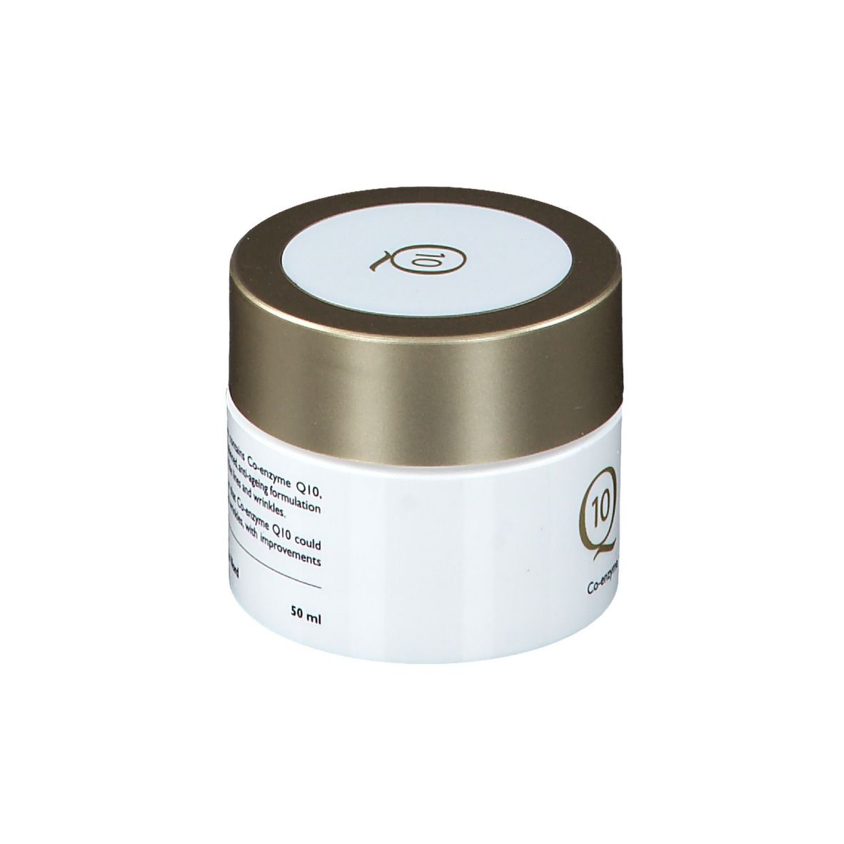 Pot de crème avec couvercle doré et contenant blanc. Inscription: Q10 Revitalizing Day Cream.
