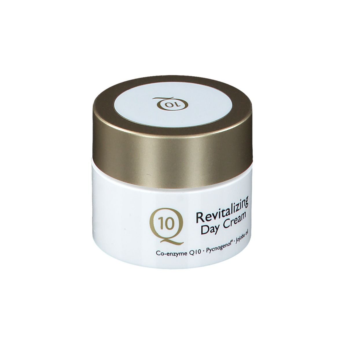 Pot de crème avec couvercle doré et contenant blanc. Inscription: Q10 Revitalizing Day Cream.