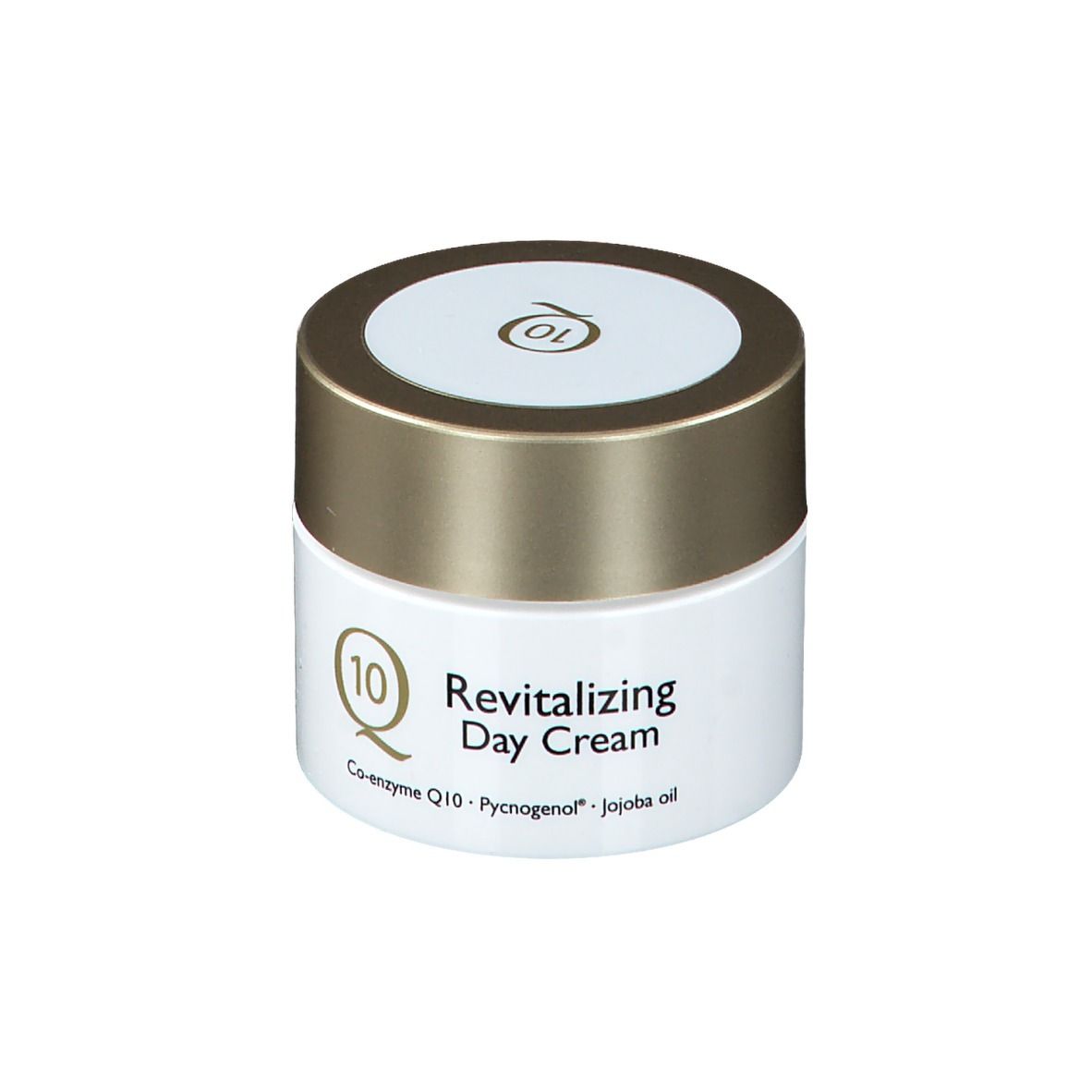 Pot de crème avec couvercle doré et contenant blanc. Inscription: Q10 Revitalizing Day Cream.