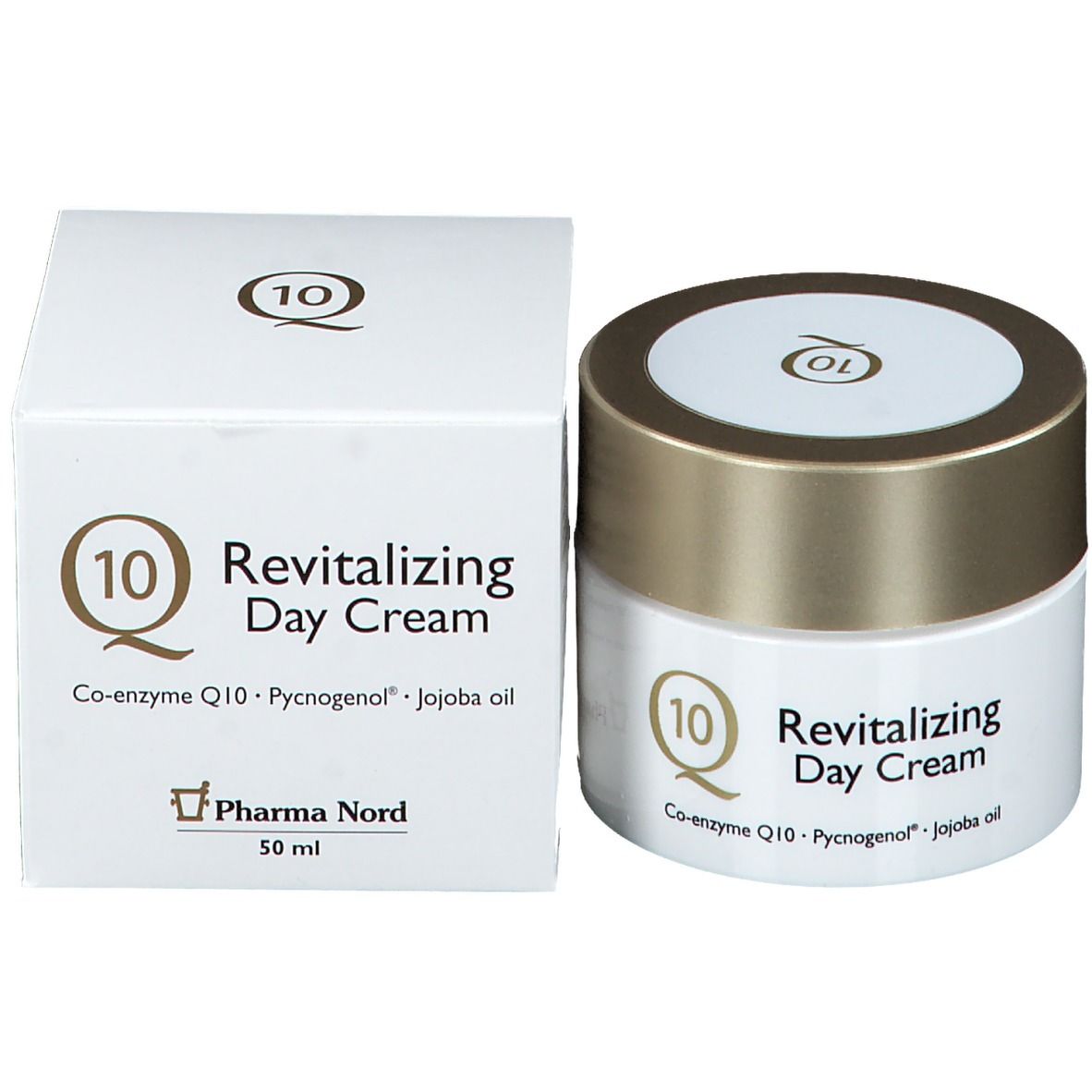 Pot de crème et emballage. Inscription: Q10 Revitalizing Day Cream. Marque: Pharma Nord. Contenu: 50 ml.