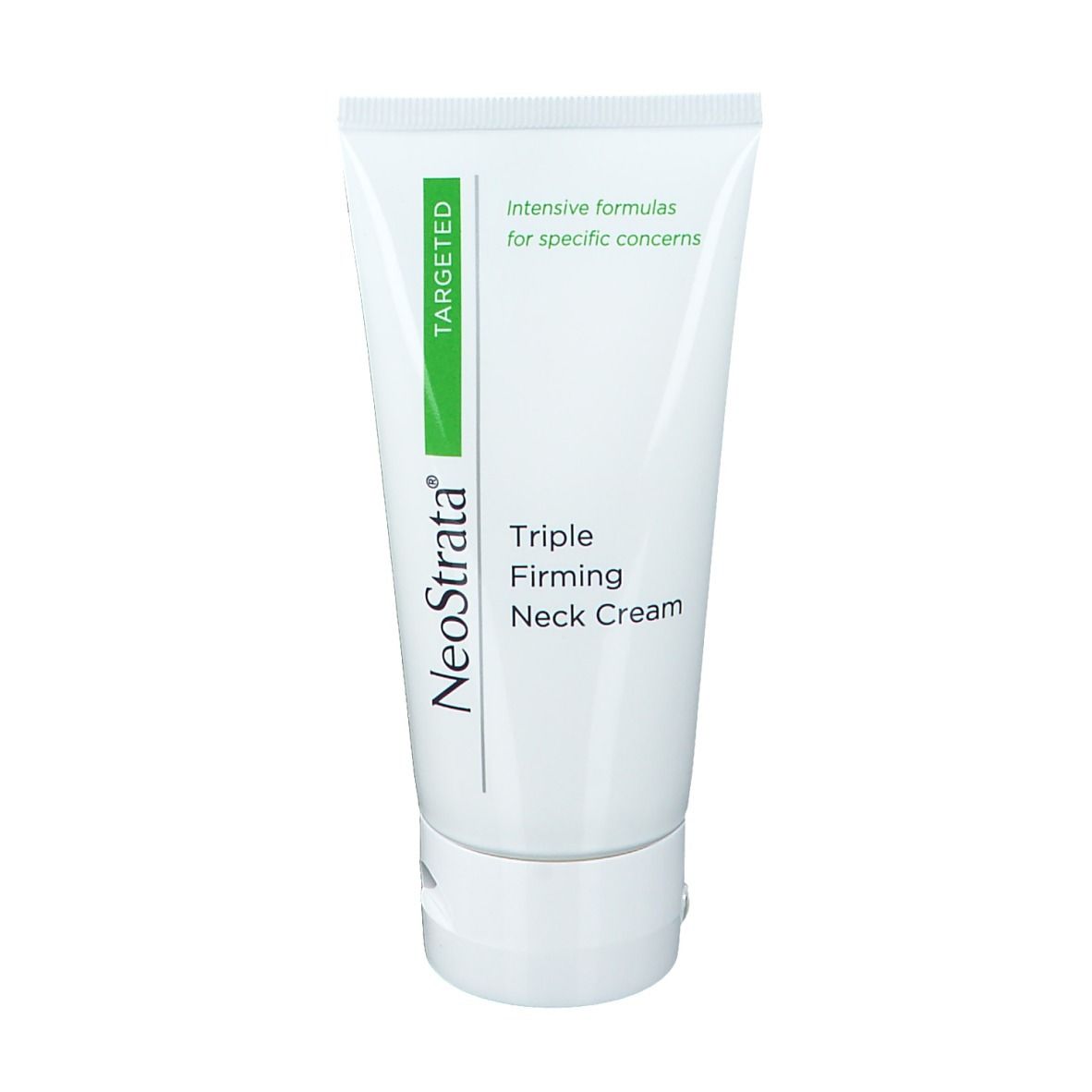 Tubo bianco con accento verde. Scritta: Neostrata Triple Firming Neck Cream. Testo: Targeted, intensive formulas for specific concerns.