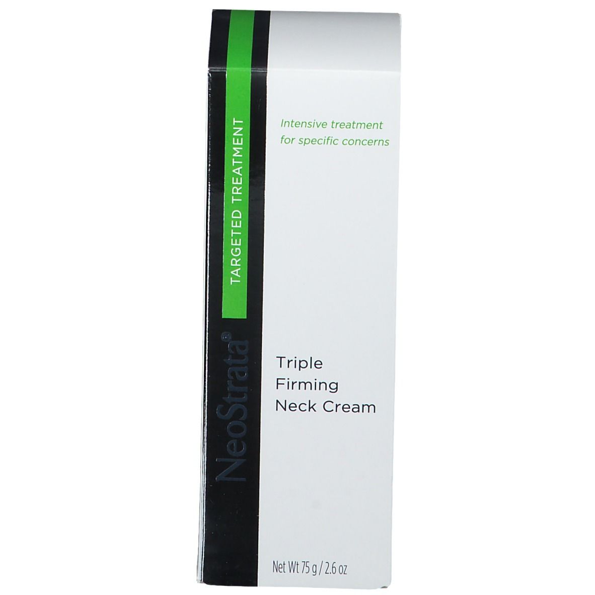 Confezione bianca con accento verde. Scritta: Neostrata Triple Firming Neck Cream. Testo: Targeted Treatment, intensive treatment for specific concerns.