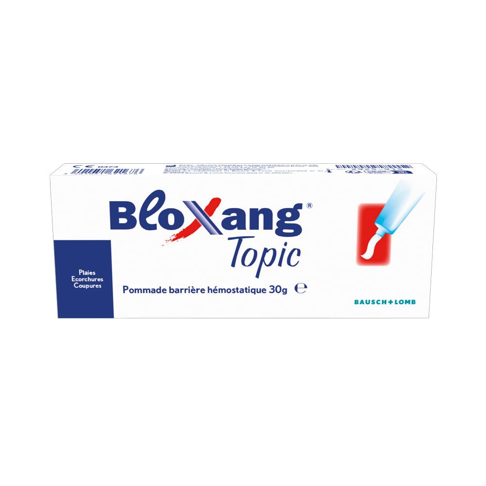 Boîte blanche "Bloxang Topic". Inscriptions: "Plaies Ecorchures Coupures", 30g, Bausch + Lomb.