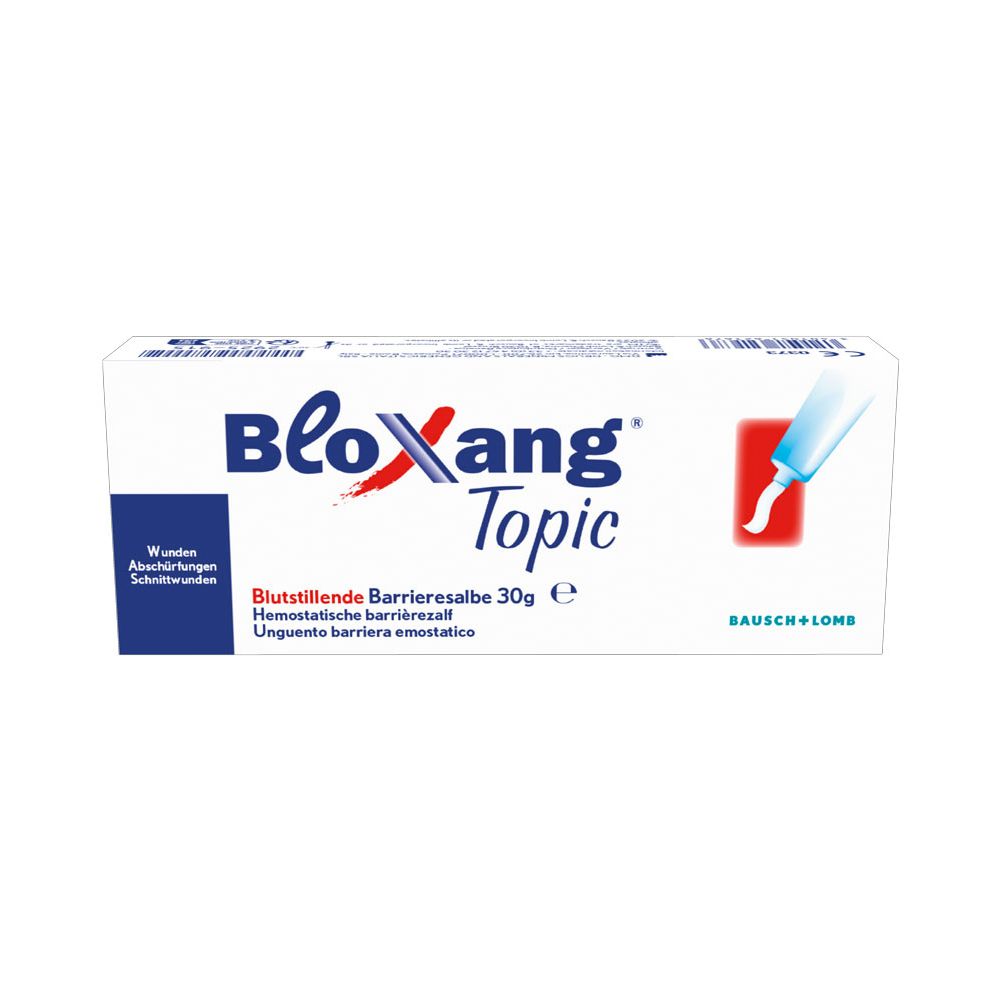 Witte doos "Bloxang Topic". Opschriften: "Wunden Abschürfungen Schnittwonden", 30g, Bausch + Lomb.