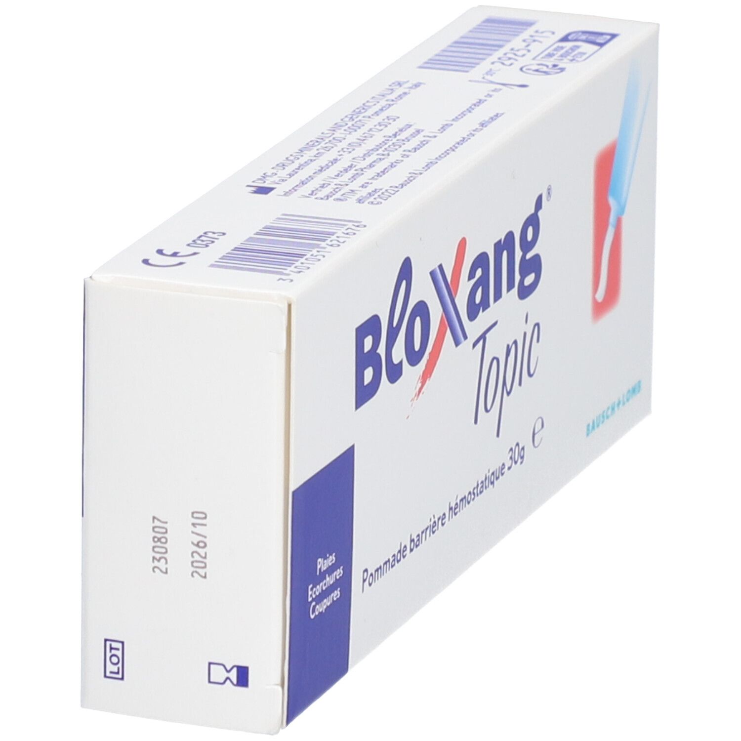 Boîte "Bloxang Topic" en biais. Inscriptions: "Plaies Ecorchures Coupures", 30g, Bausch + Lomb.