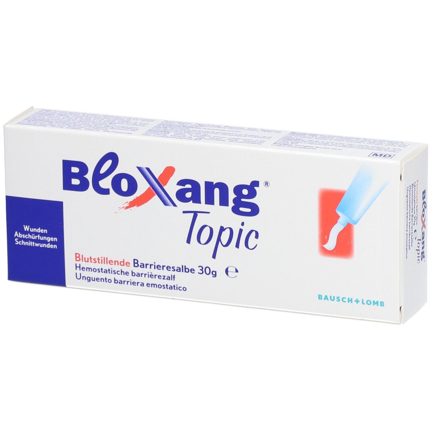 Boîte blanche "Bloxang Topic". Inscriptions: "Wunden Abschürfungen Schnittwunden", 30g, Bausch + Lomb.