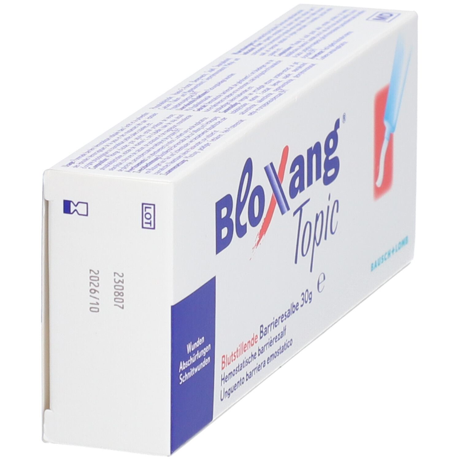 Boîte "Bloxang Topic" en biais. Inscriptions: "Wunden Abschürfungen Schnittwunden", 30g, Bausch + Lomb.