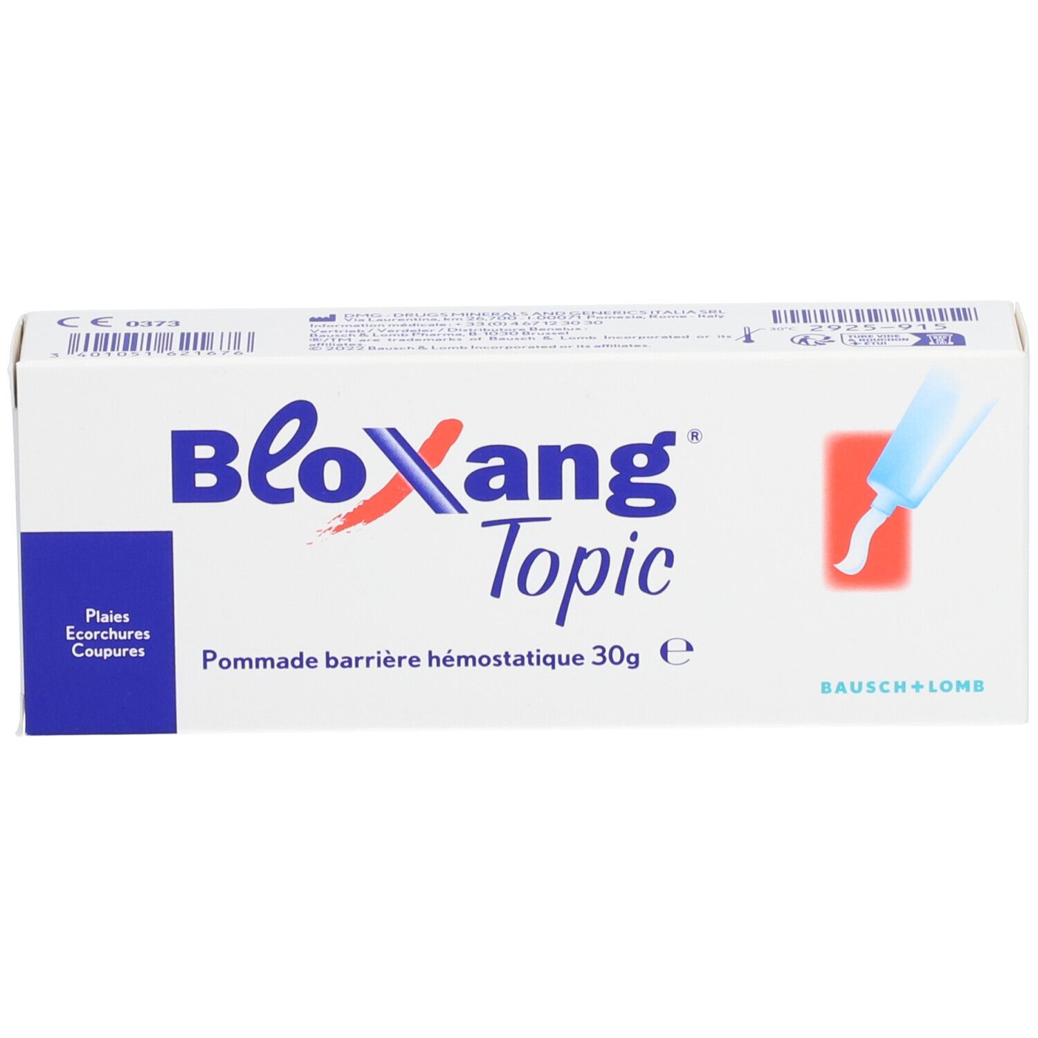 Boîte blanche "Bloxang Topic". Inscriptions: "Plaies Ecorchures Coupures", 30g, Bausch + Lomb.