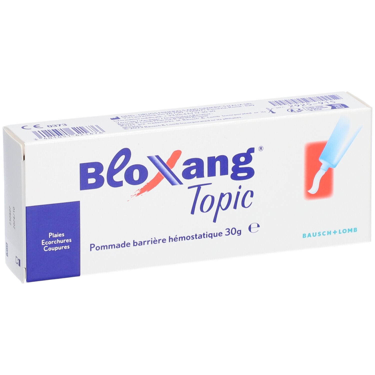 Boîte blanche "Bloxang Topic". Inscriptions: "Plaies Ecorchures Coupures", 30g, Bausch + Lomb.