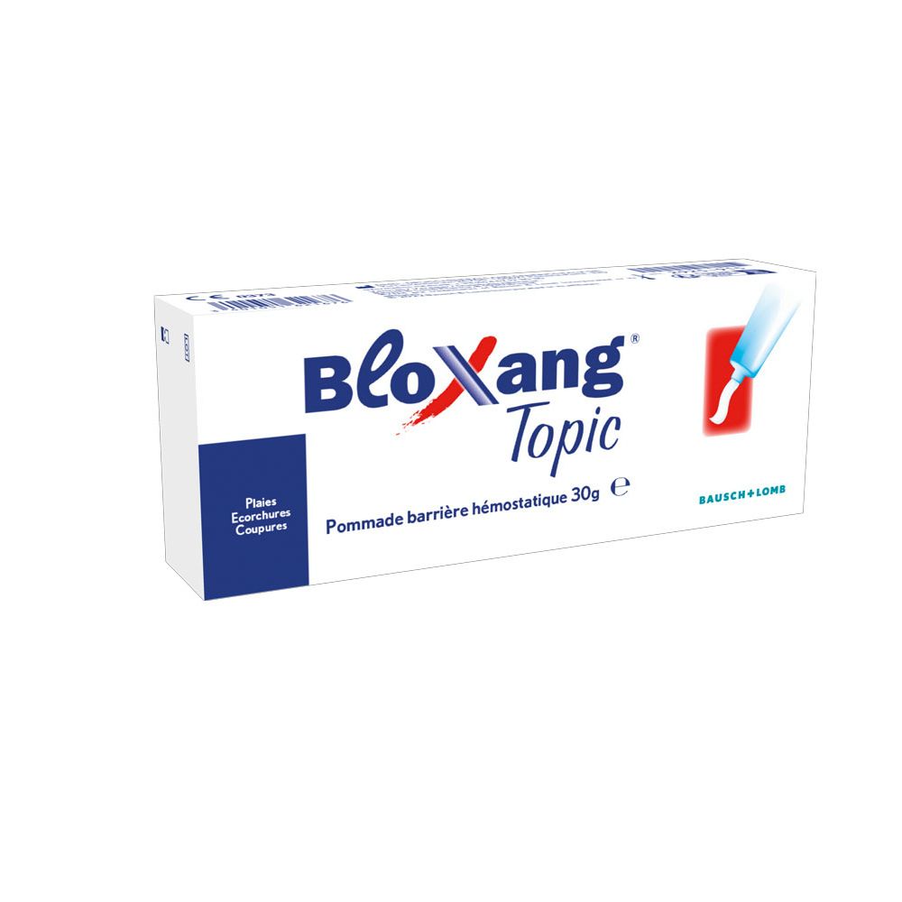 Boîte blanche "Bloxang Topic". Inscriptions: "Plaies Ecorchures Coupures", 30g, Bausch + Lomb.