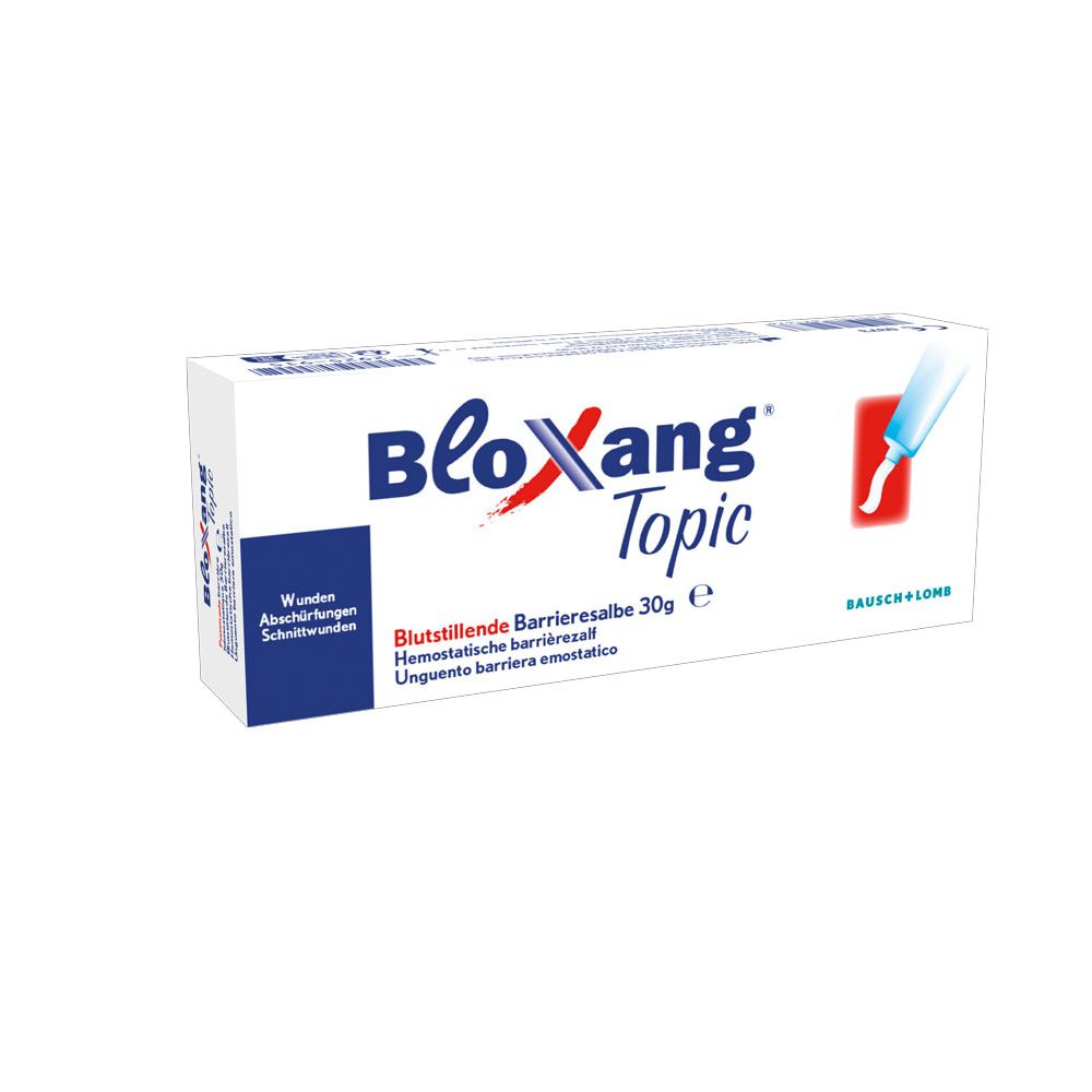 Witte doos "Bloxang Topic". Opschriften: "Wonden Abschürfungen Schnittwonden", 30g, Bausch + Lomb.