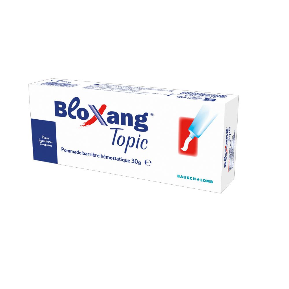 Boîte blanche "Bloxang Topic". Inscriptions: "Plaies Ecorchures Coupures", 30g, Bausch + Lomb.
