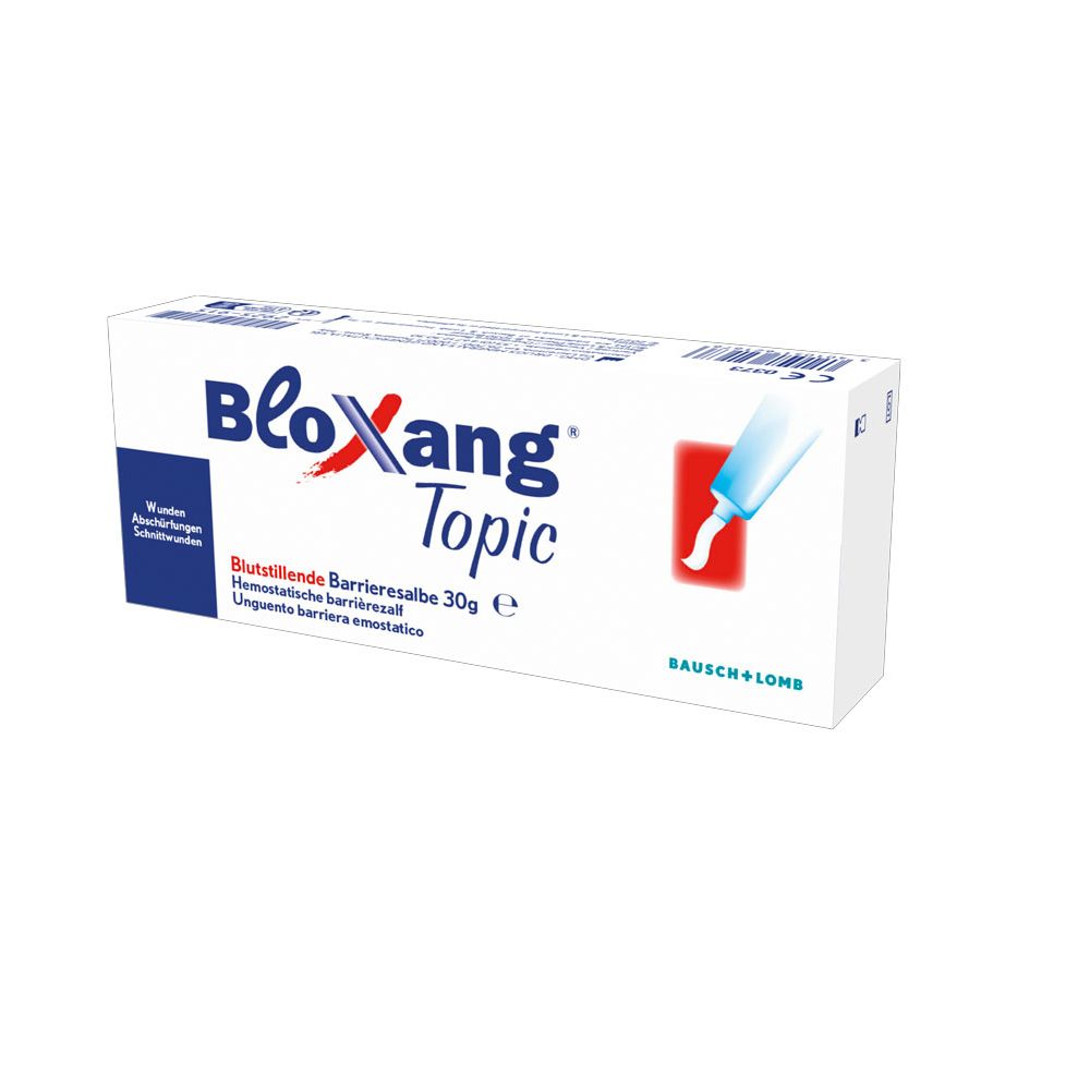 Witte doos "Bloxang Topic". Opschriften: "Wonden Abschürfungen Schnittwonden", 30g, Bausch + Lomb.