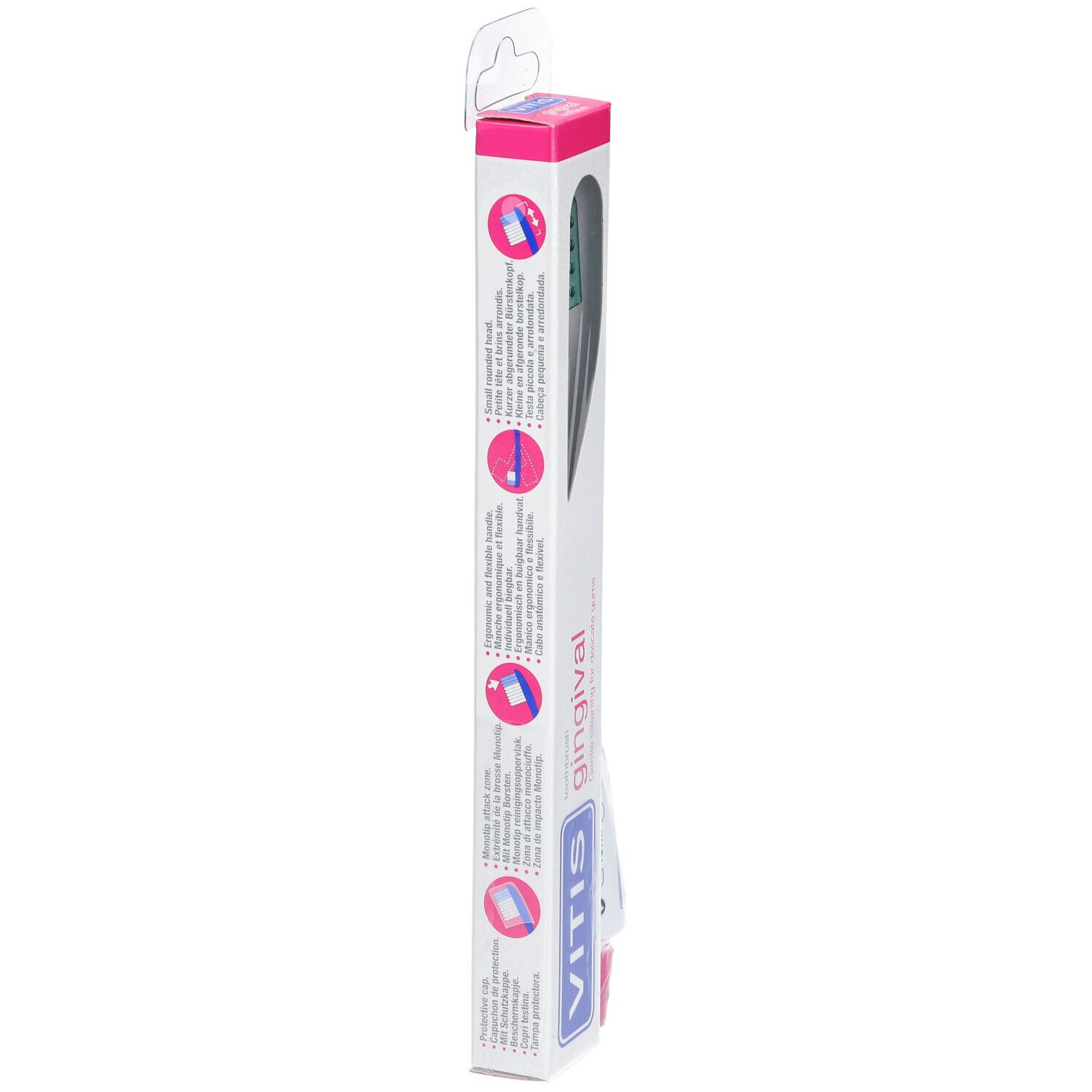 Emballage de la brosse à dents VITIS gingival. Vue latérale avec informations et logo.