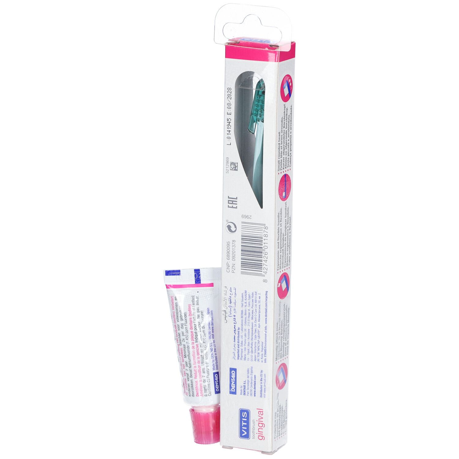 Dos de l'emballage avec brosse à dents et dentifrice. Nom du produit, logo et informations.
