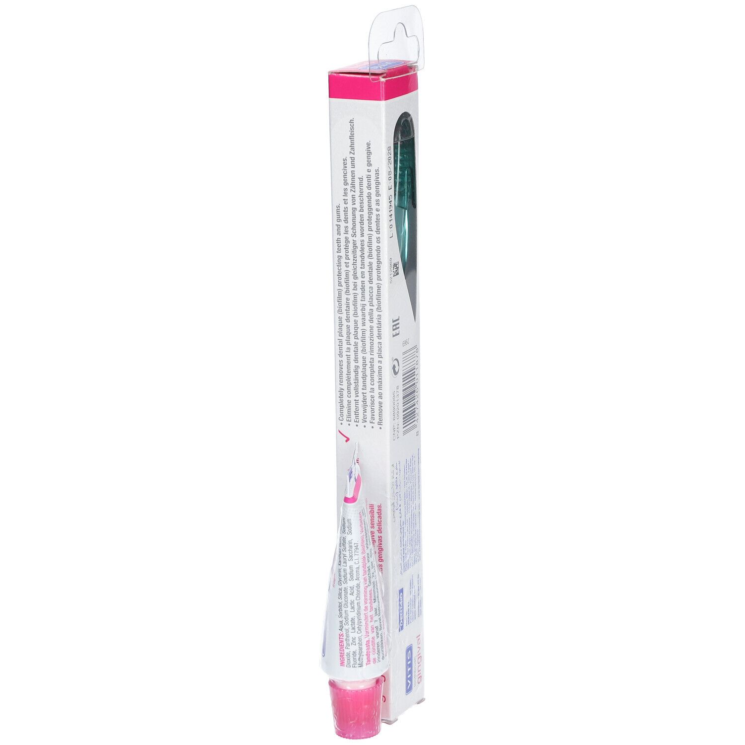 Vue latérale de l'emballage avec brosse à dents et dentifrice. Nom, logo et informations.