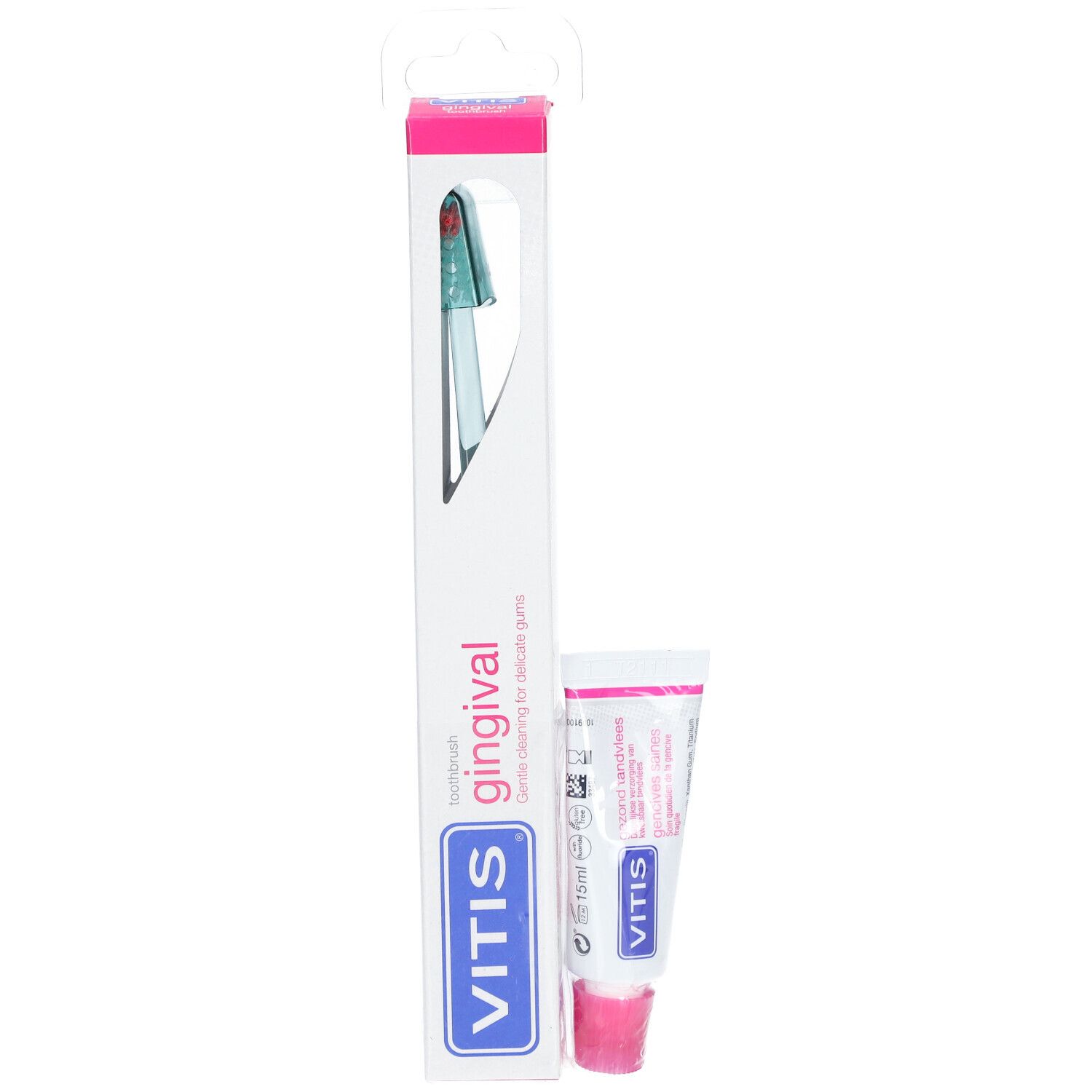 Brosse à dents et dentifrice VITIS gingival. Emballage avec nom du produit et logo. Vue de face.