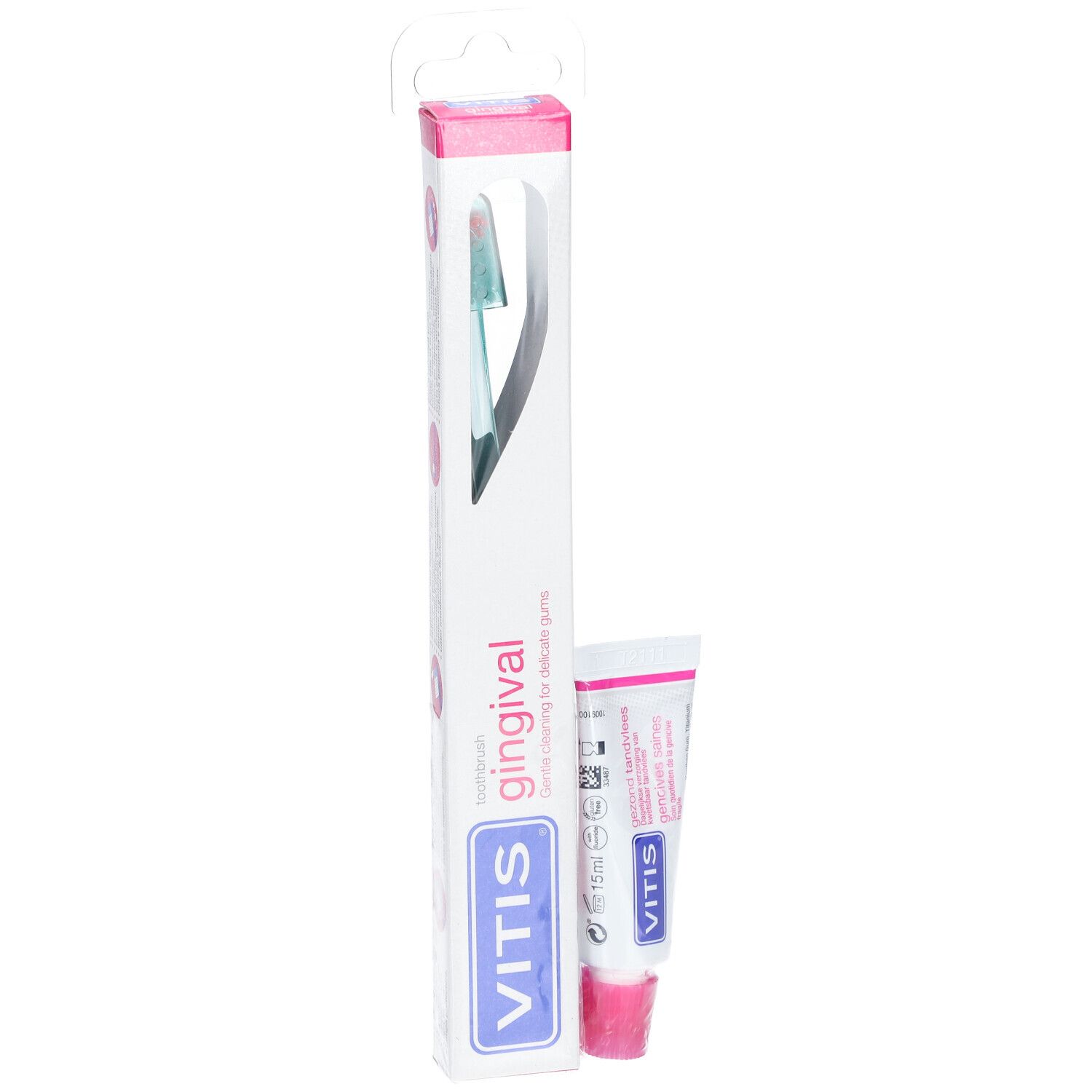 Brosse à dents et dentifrice VITIS gingival. Emballage avec nom du produit et logo. Vue de face.