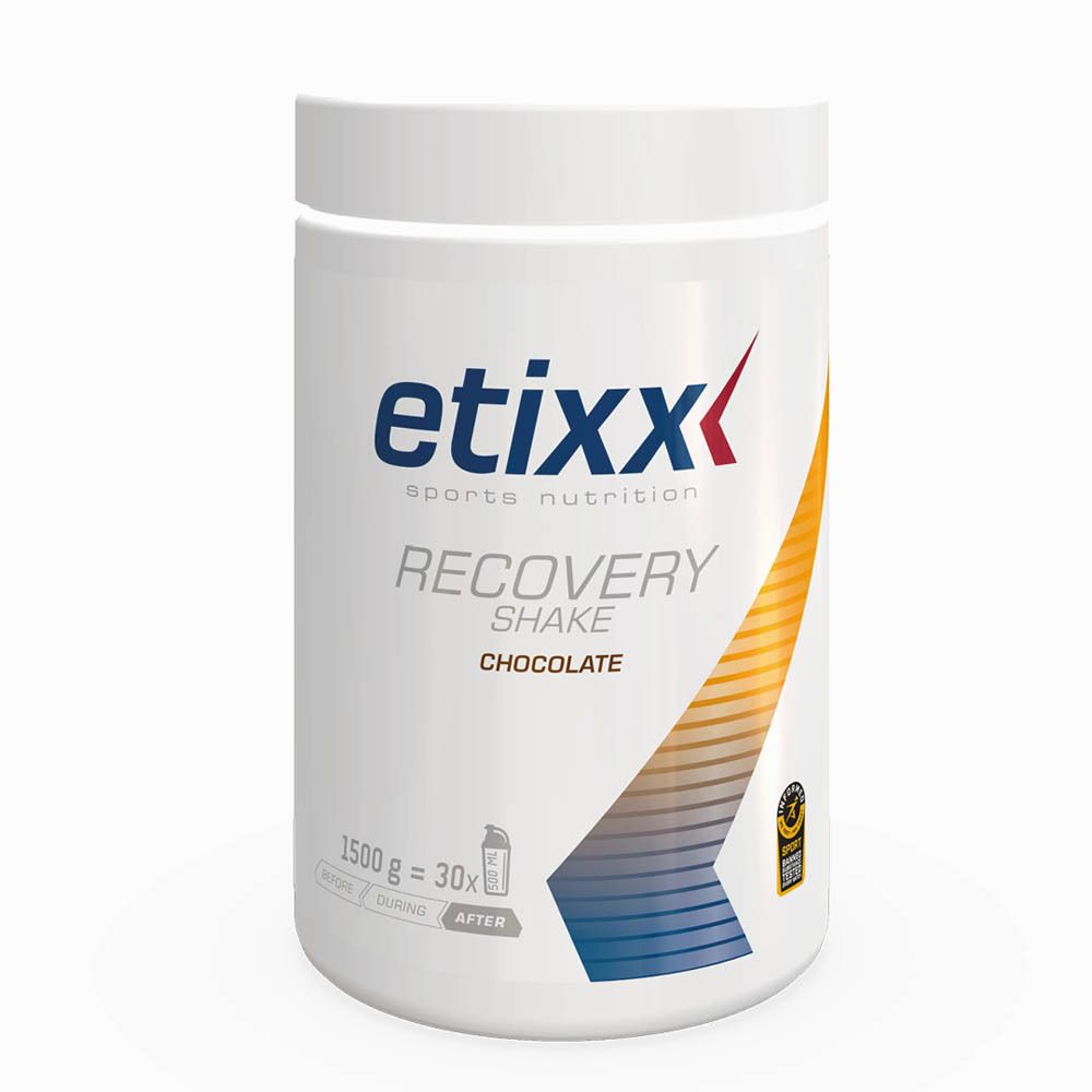 Etixx Recovery Shake Choco pot, wit. Opschrift: Recovery Shake Chocolate. 1500g = 30x. Sportcertificering.