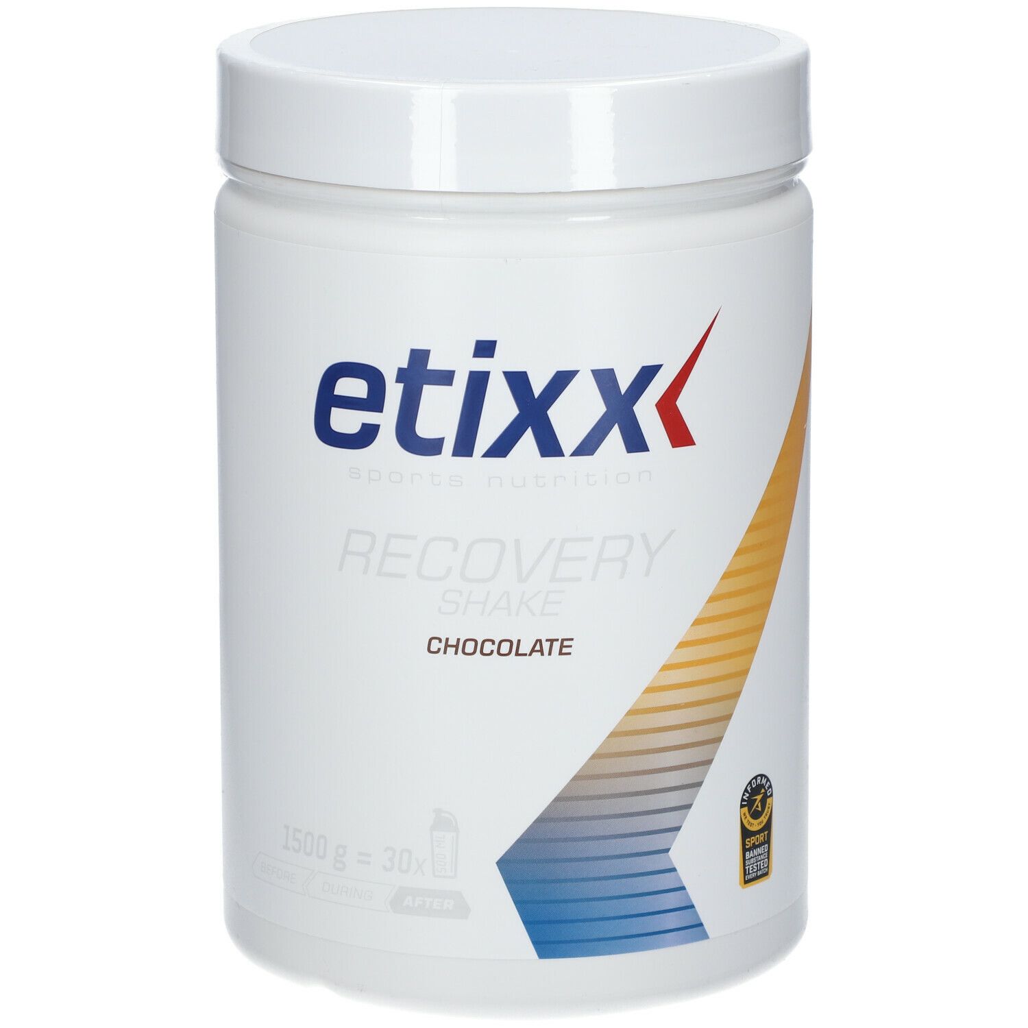 Witte pot Etixx Recovery Shake Choco. Opschrift: Recovery Shake Chocolate. 1500g = 30x.