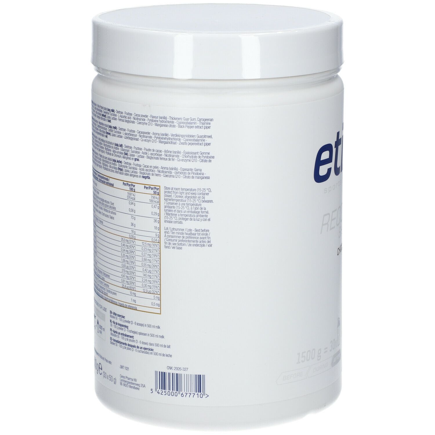 Achterkant van de witte pot Etixx Recovery Shake Choco. Tekst met voedingswaarde en ingrediënten.