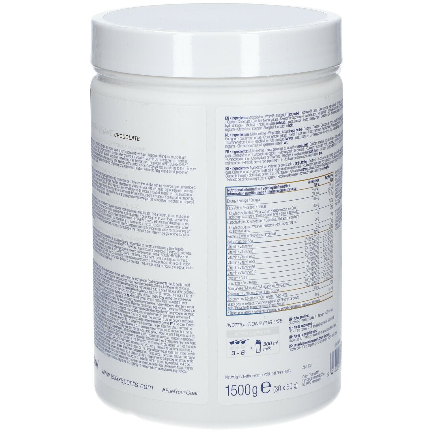 Achterkant van de witte pot Etixx Recovery Shake Choco. Tekst met voedingswaarde en ingrediënten.