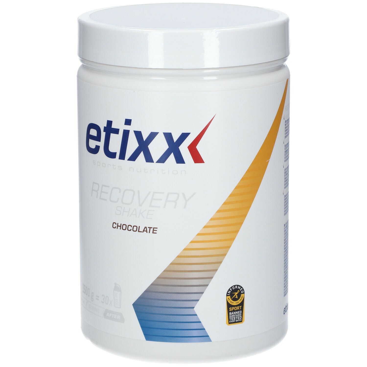 Witte pot Etixx Recovery Shake Choco. Opschrift: Recovery Shake Chocolate. 1500g = 30x. Sportcertificering.