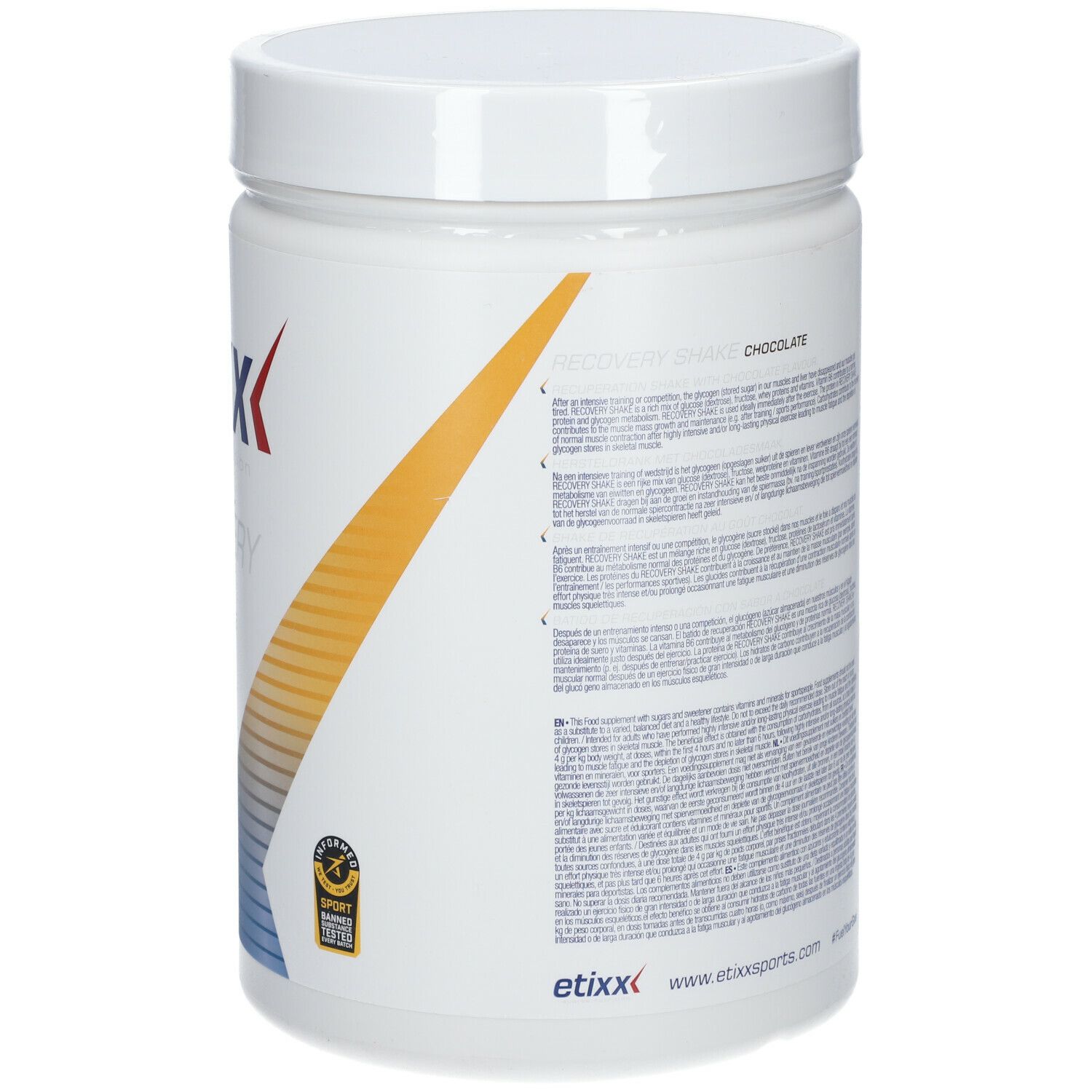 Etixx Recovery Shake Choco pot, wit. Opschrift: Recovery Shake Chocolate. 1500g = 30x. Sportcertificering.