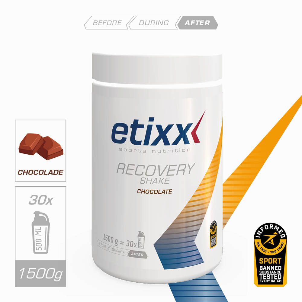 Etixx Recovery Shake Choco pot, wit. Opschrift: Recovery Shake Chocolate. 1500g = 30x. Sportcertificering.
