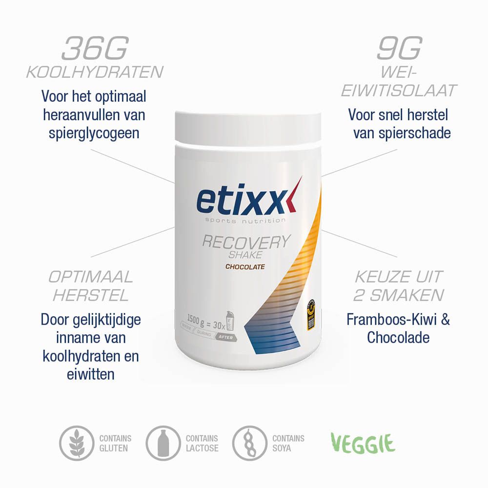 Etixx Recovery Shake Choco pot, wit. Opschrift: Recovery Shake Chocolate. 1500g = 30x. Sportcertificering.