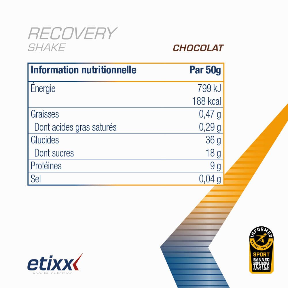 Pot Etixx Recovery Shake Choco blanc. Inscription : Recovery Shake Chocolate. 1500g = 30x. Certification sportive.