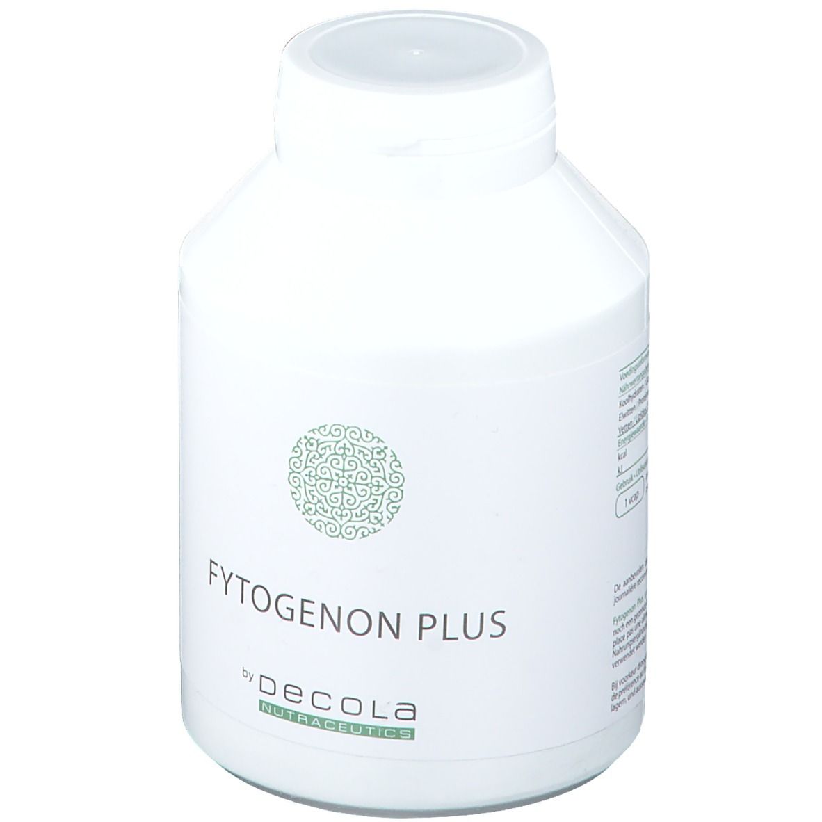 Flacon blanc avec bouchon. Inscription : Fytogenon Plus by Decola Nutraceutics. Motif vert.