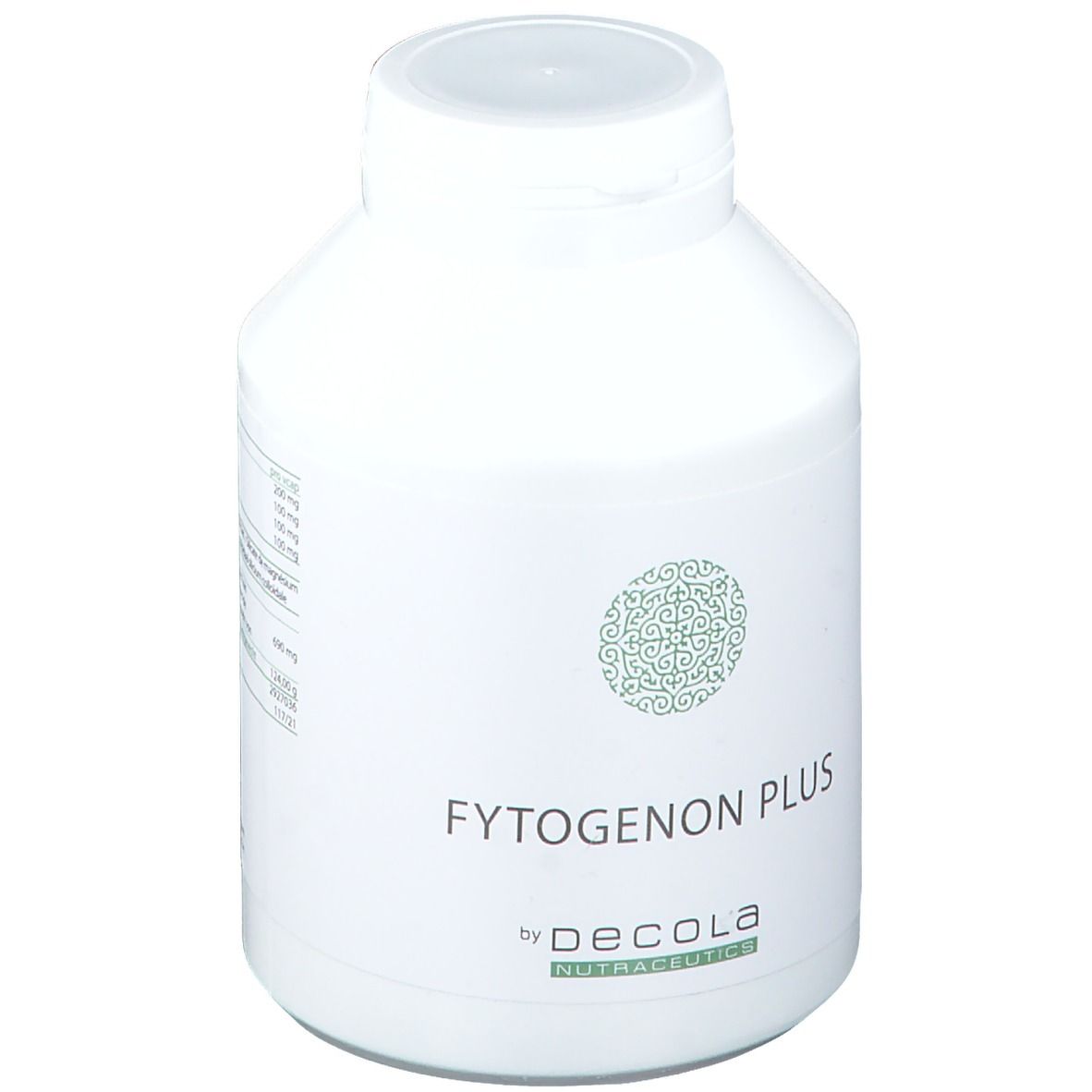 Flacon blanc avec bouchon. Inscription : Fytogenon Plus by Decola Nutraceutics. Motif vert.
