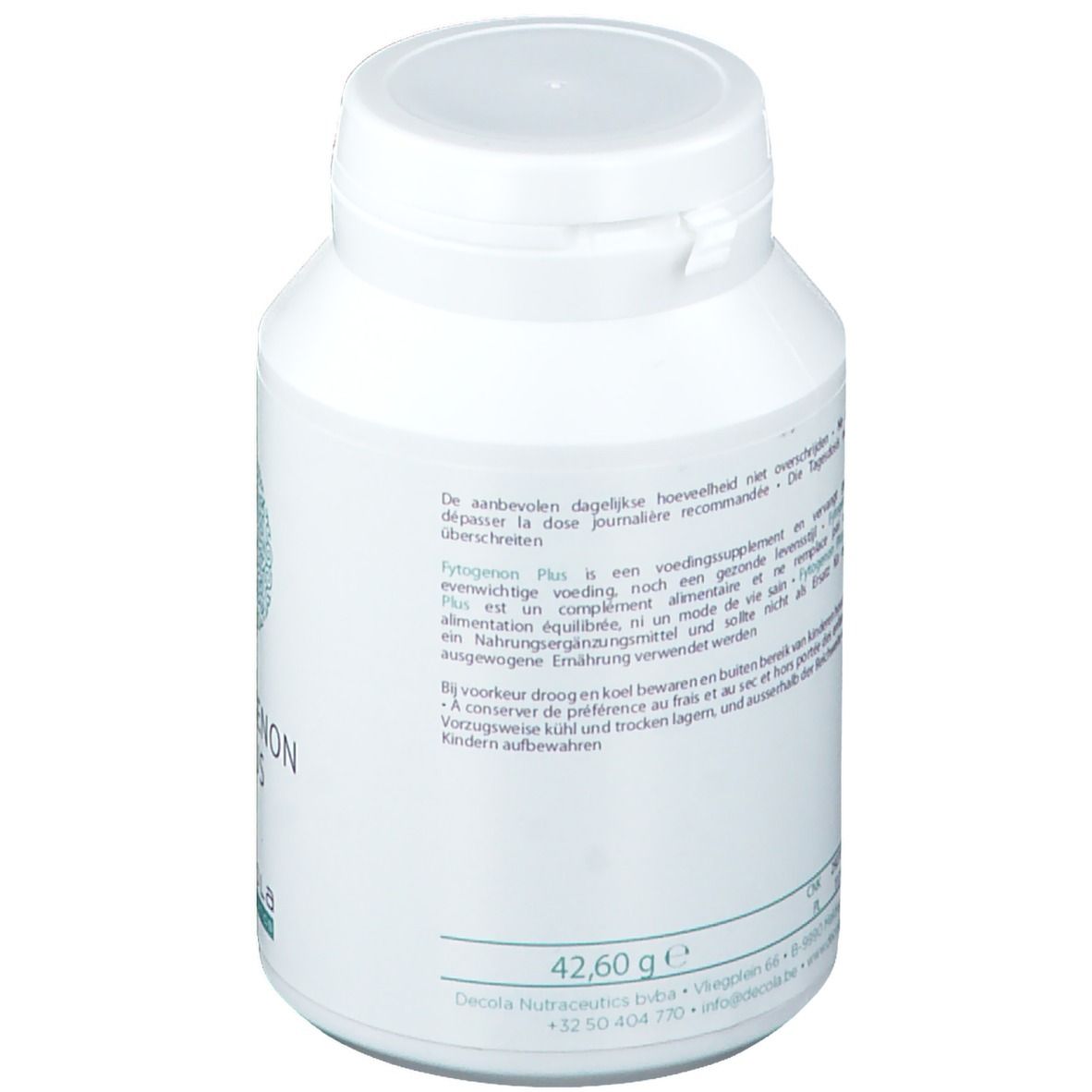 Flacon blanc avec bouchon. Texte au dos. Poids : 42,60 g. Marque : Decola Nutraceutica.