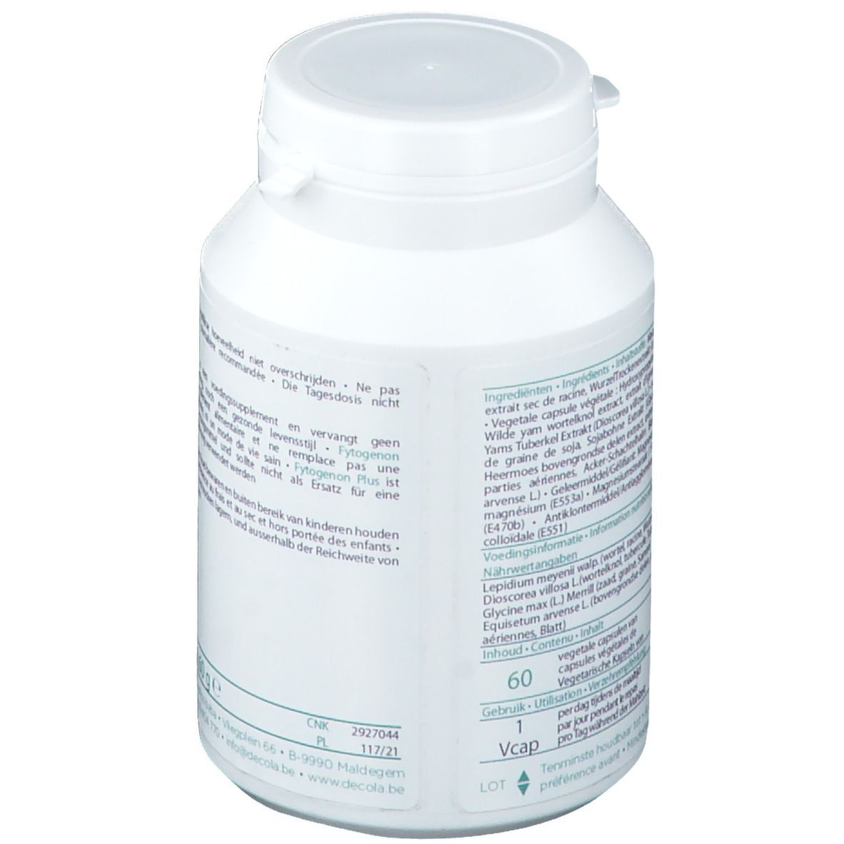Flacon blanc avec bouchon. Dos avec texte. 60 gélules. Liste des ingrédients. Marque : Decola Nutraceutica.