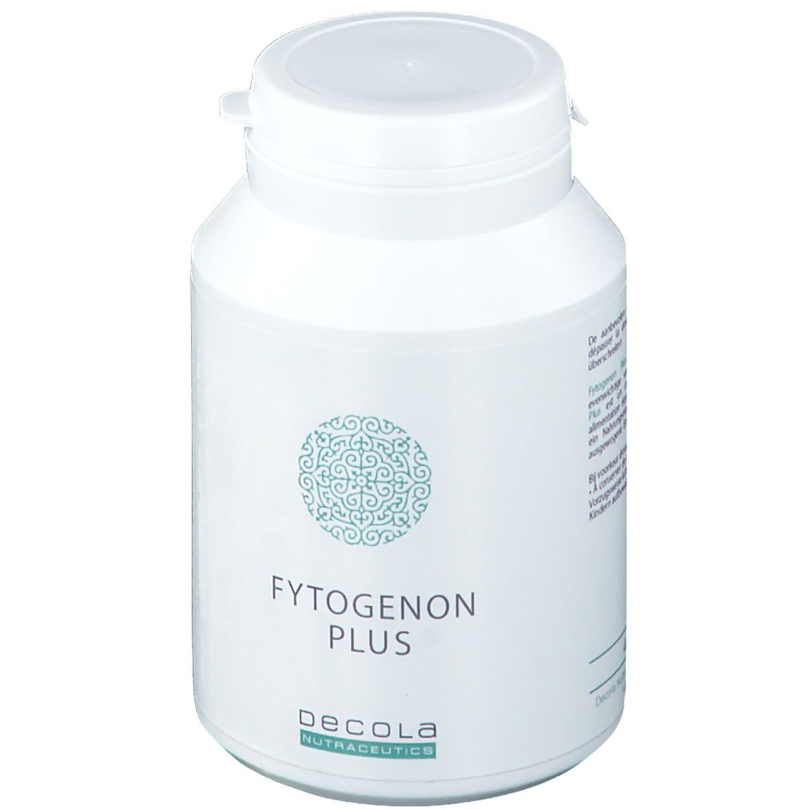 Flacon blanc avec bouchon. Inscription : Fytogenon Plus. Marque : Decola Nutraceutics. Motif turquoise.