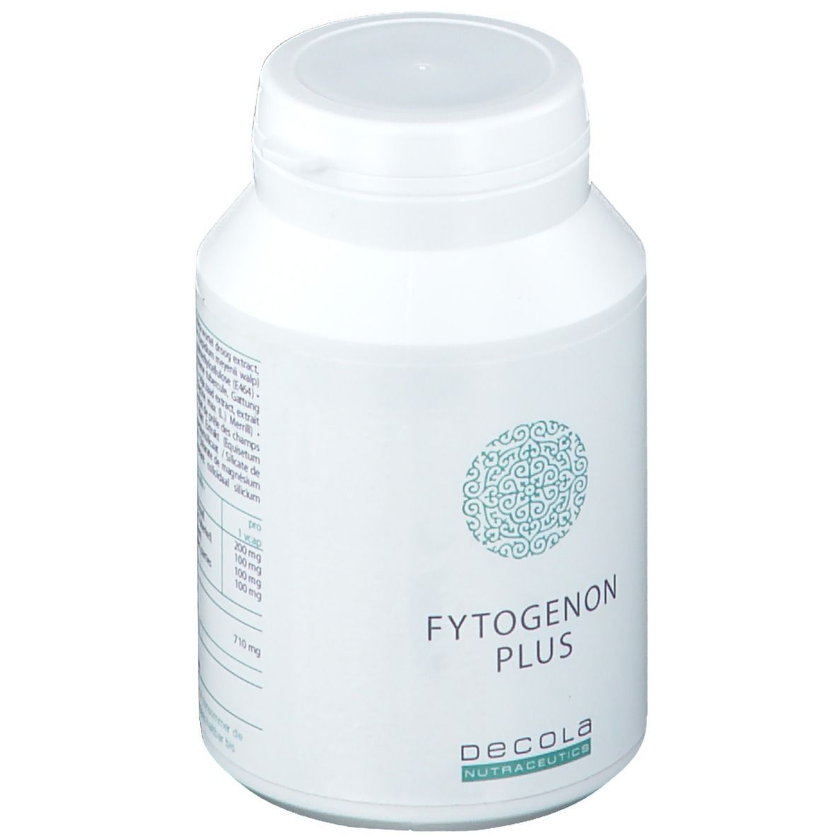 Flacon blanc avec bouchon. Inscription : Fytogenon Plus. Marque : Decola Nutraceutics. Motif turquoise. Liste des ingrédients.