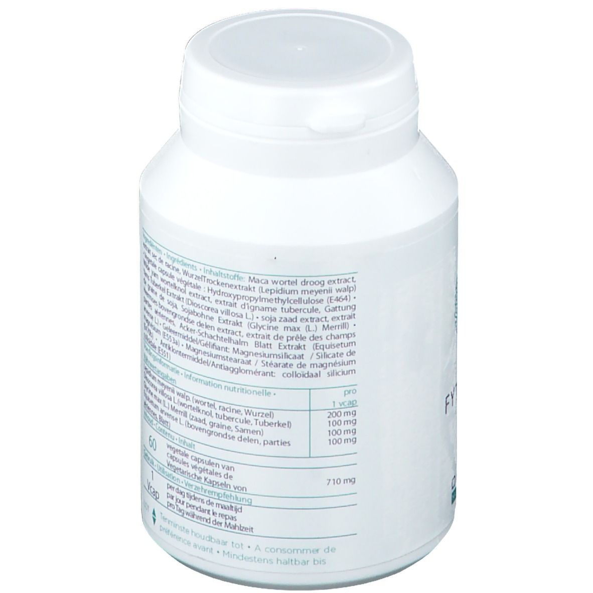 Flacon blanc avec bouchon. Dos avec texte. Liste des ingrédients. 60 gélules. Marque : Decola Nutraceutica.