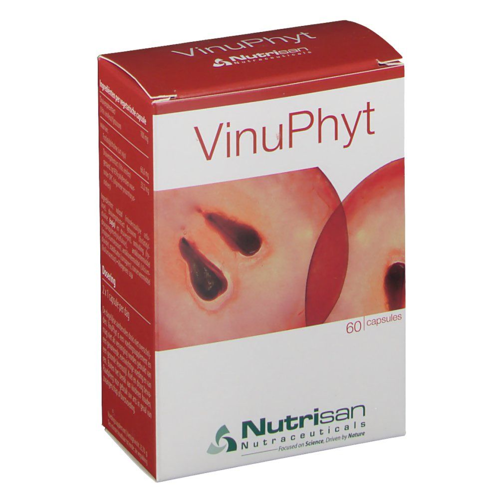 Boîte VinuPhyt avec illustration de grains de raisin. Contient 60 capsules. Marque Nutrisan.