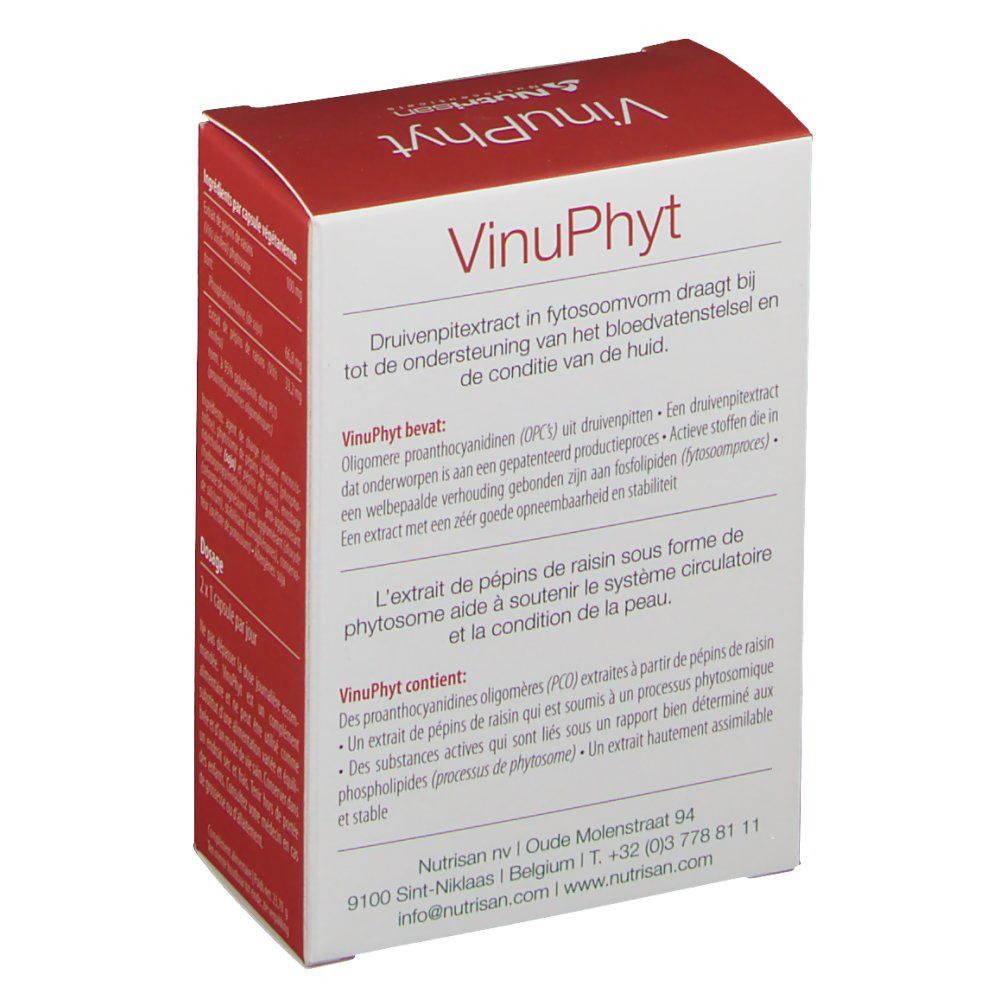 Dos de la boîte VinuPhyt. Texte en néerlandais. Informations sur le produit et adresse du fabricant.