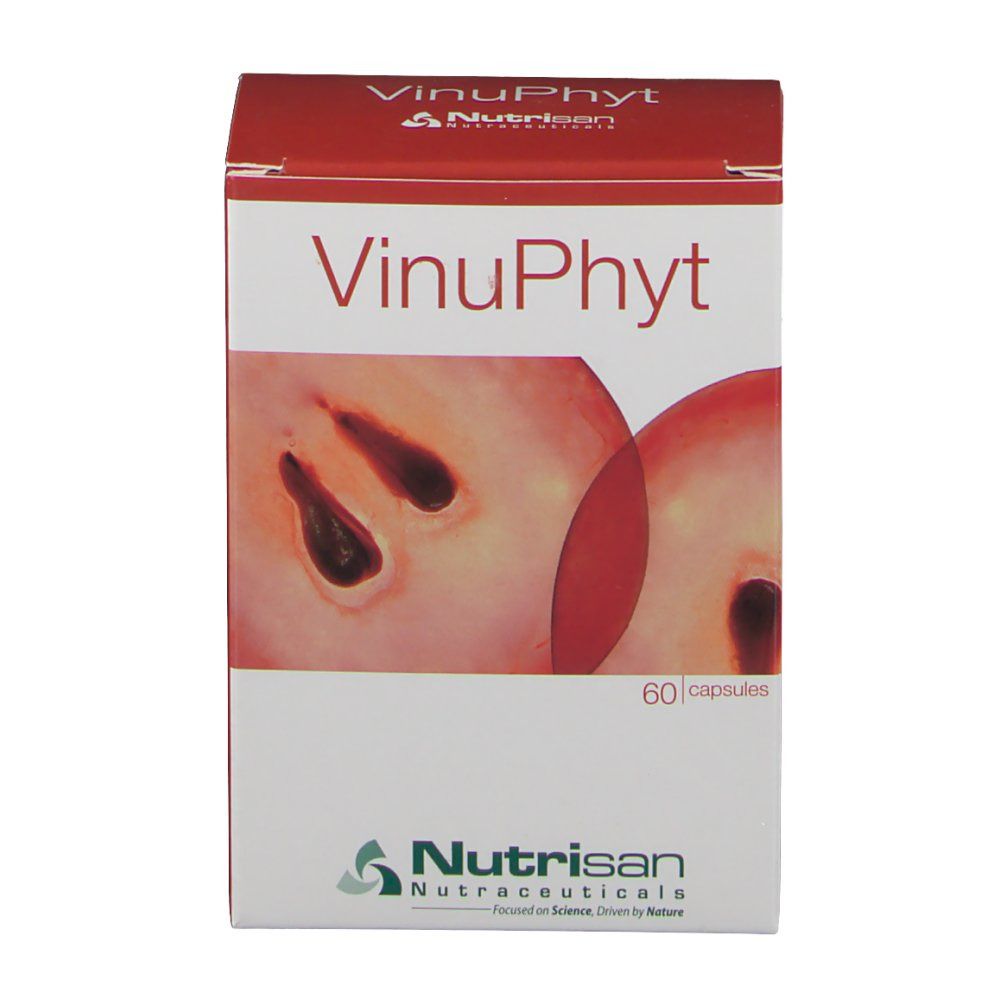 Boîte VinuPhyt, vue de face. Illustration de grains de raisin. 60 capsules. Marque Nutrisan.