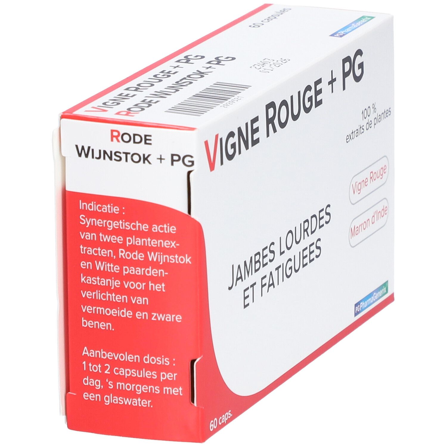 Boîte Rode Wijnstok + PG, 60 capsules. Texte: Zware en vermoeide benen. Logo PharmaGenerix. Extraits de plantes.