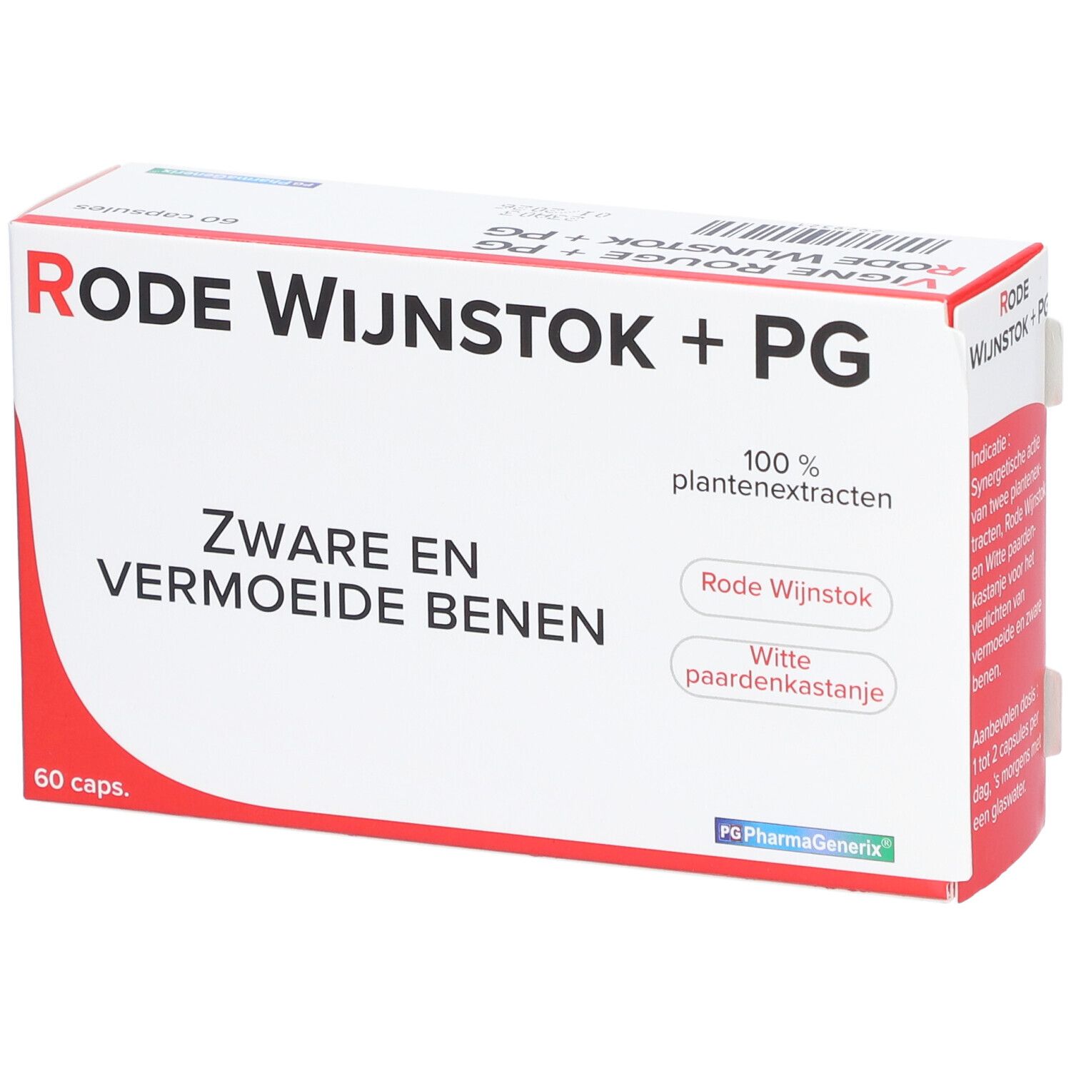 Boîte Rode Wijnstok + PG, 60 capsules. Texte: Zware en vermoeide benen. Logo PharmaGenerix. Extraits de plantes.