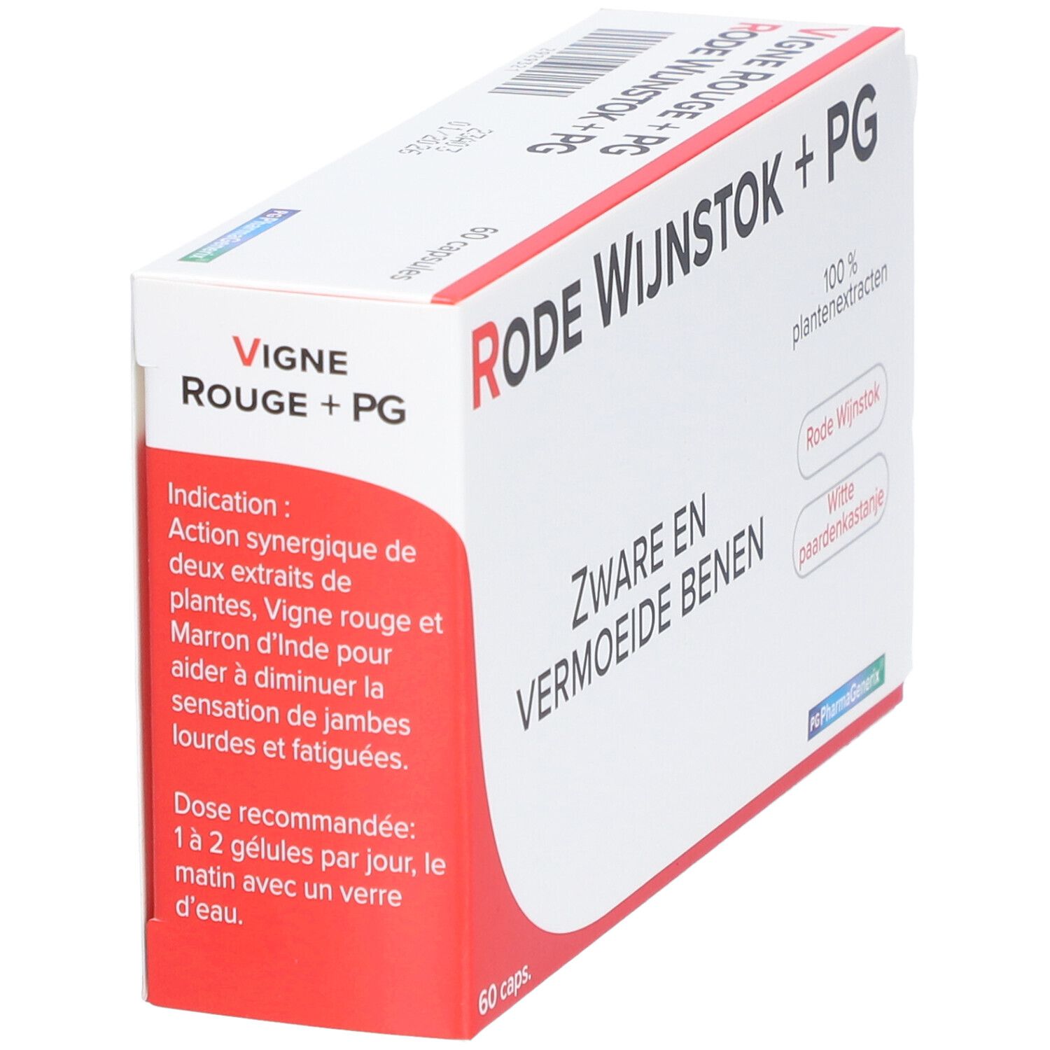 Boîte Rode Wijnstok + PG, 60 capsules. Texte: Zware en vermoeide benen. Logo PharmaGenerix. Extraits de plantes.