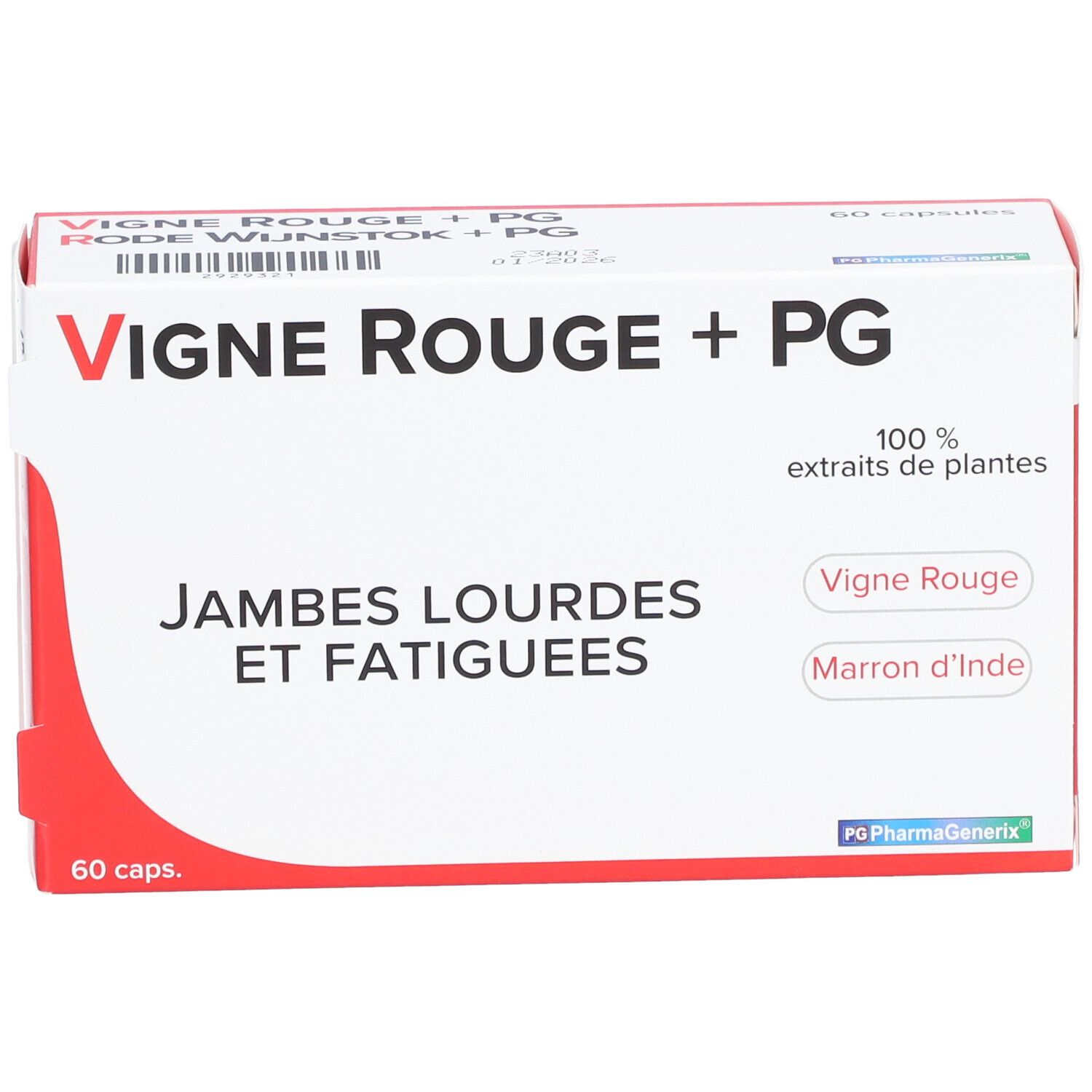 Boîte Vigne Rouge + PG, 60 capsules. Texte: Jambes lourdes et fatiguées. Logo PharmaGenerix. Extraits de plantes.