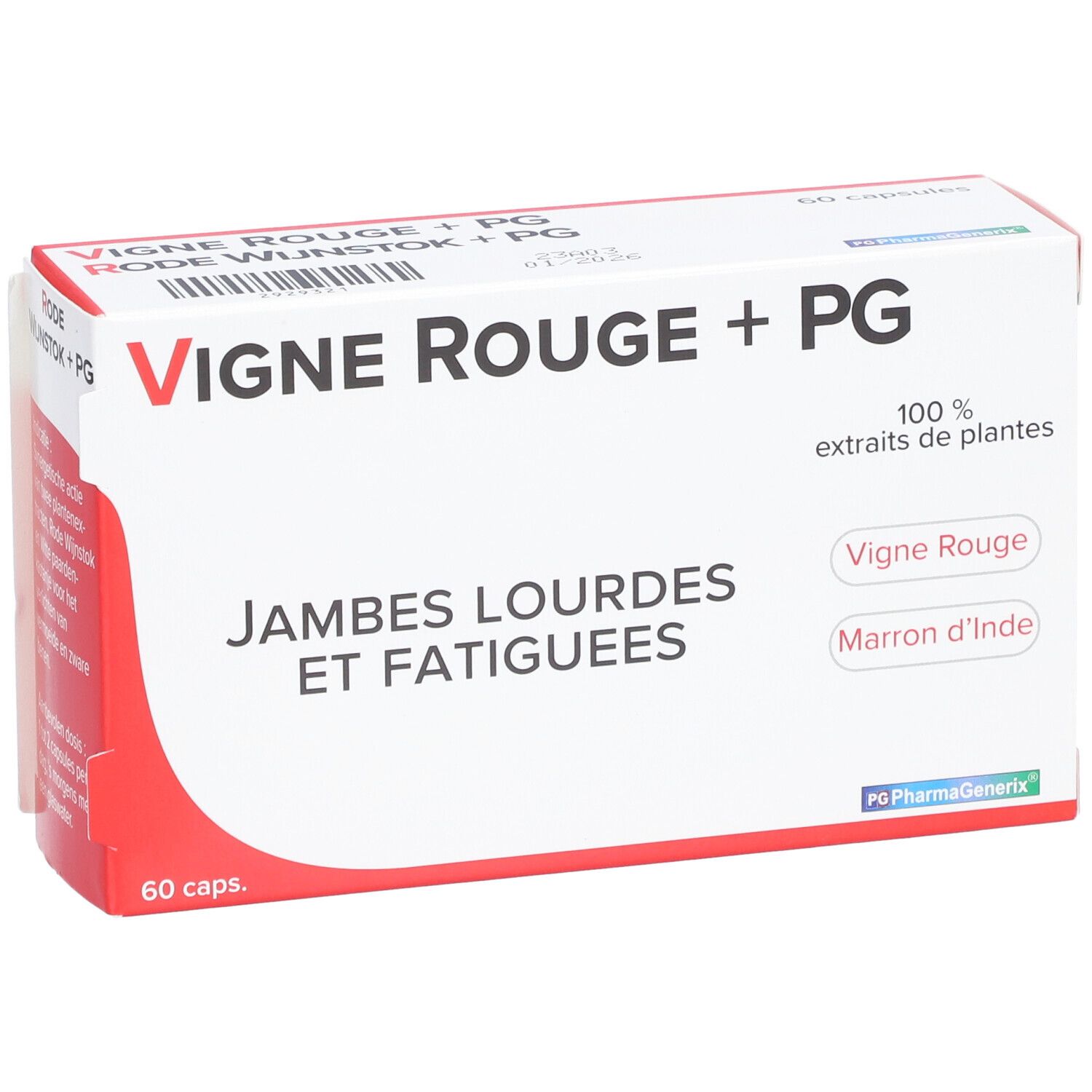 Boîte Vigne Rouge + PG, 60 capsules. Texte: Jambes lourdes et fatiguées. Logo PharmaGenerix. Extraits de plantes.