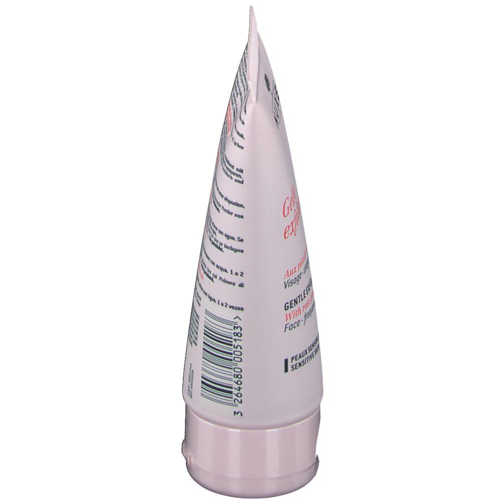 Vue latérale du tube. Tube rose avec texte. Gelée exfoliante douce. Gel exfoliant doux aux pétales de rose. Pour peaux sensibles.